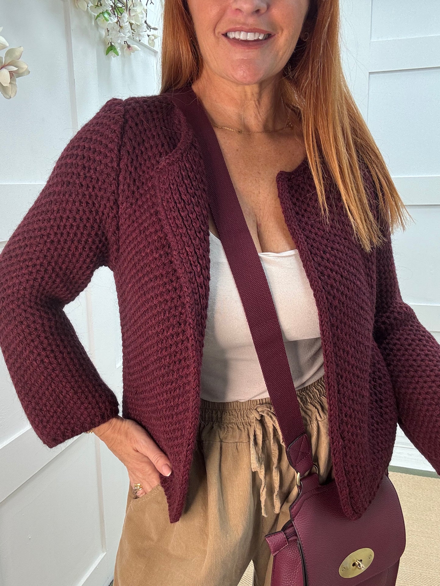 Skye: Burgundy knitted boxcut cardigan. One size: 10-18