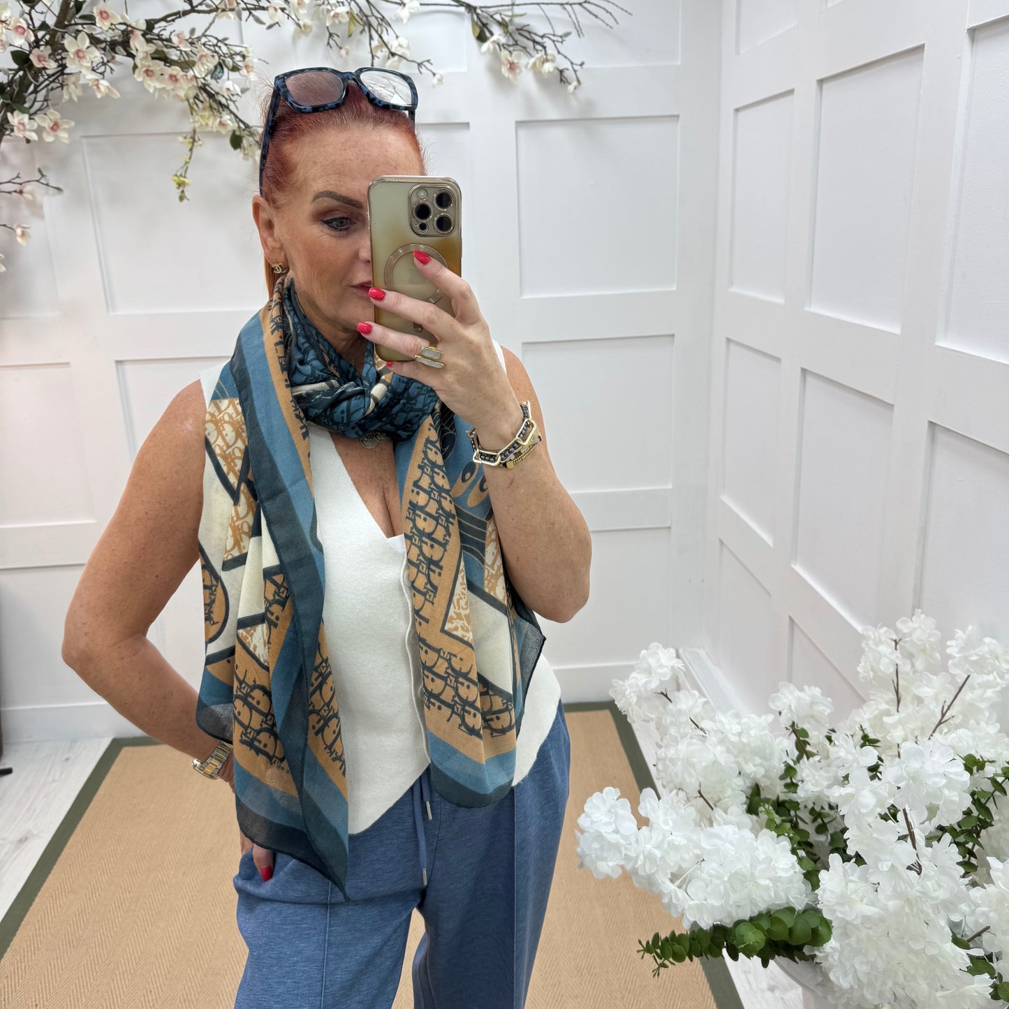 Dion: Blue & tan designer inspired scarf