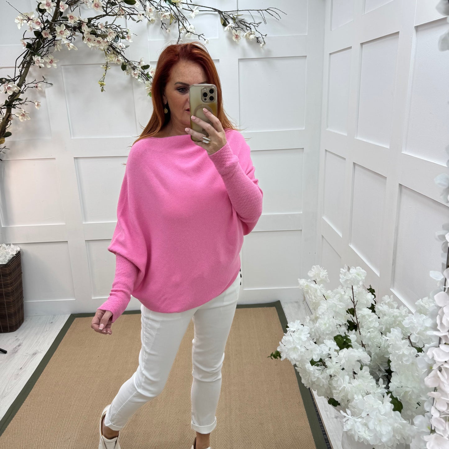 Erica: Pink asymmetrical slouch soft knit top. One size 10-18