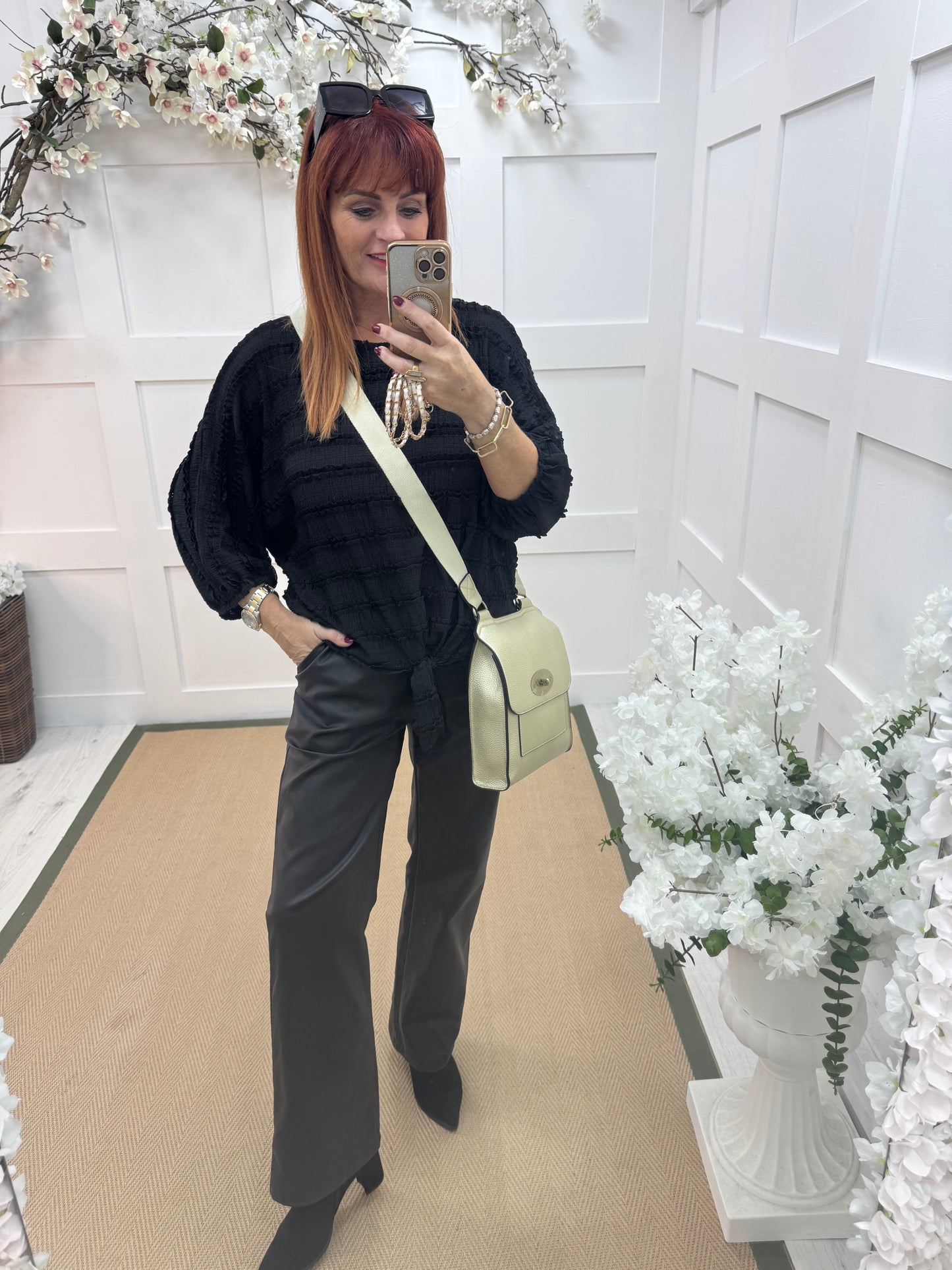 Dorita: Black ruffle & tie top. One size 12-16