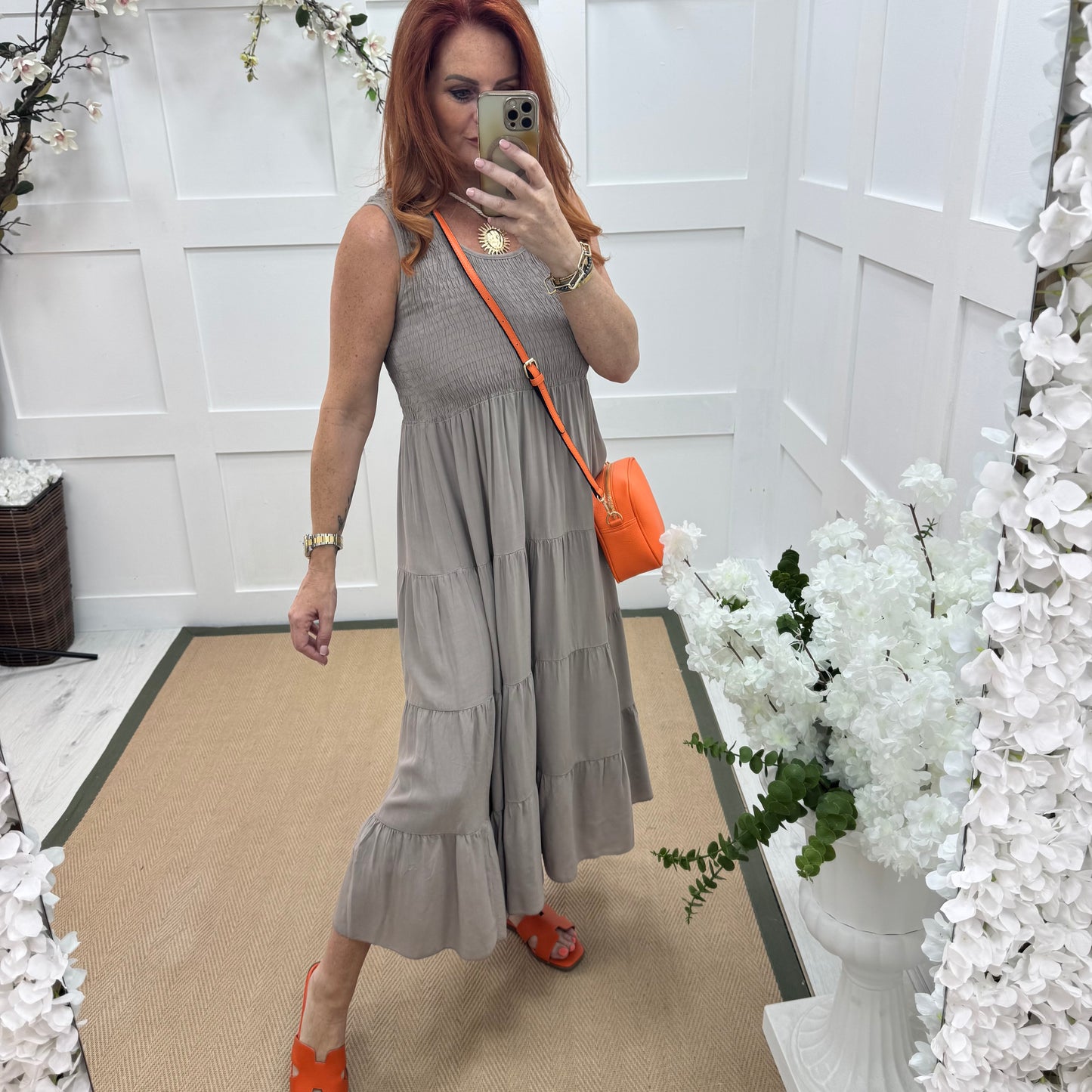 Melody: Mocha shirred midi dress. One size: 12-18