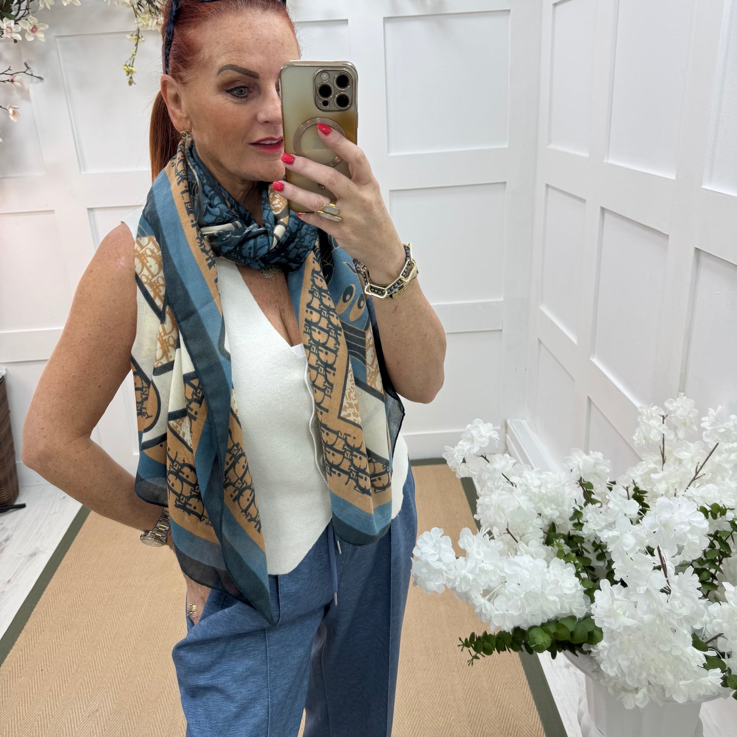 Dion: Blue & tan designer inspired scarf