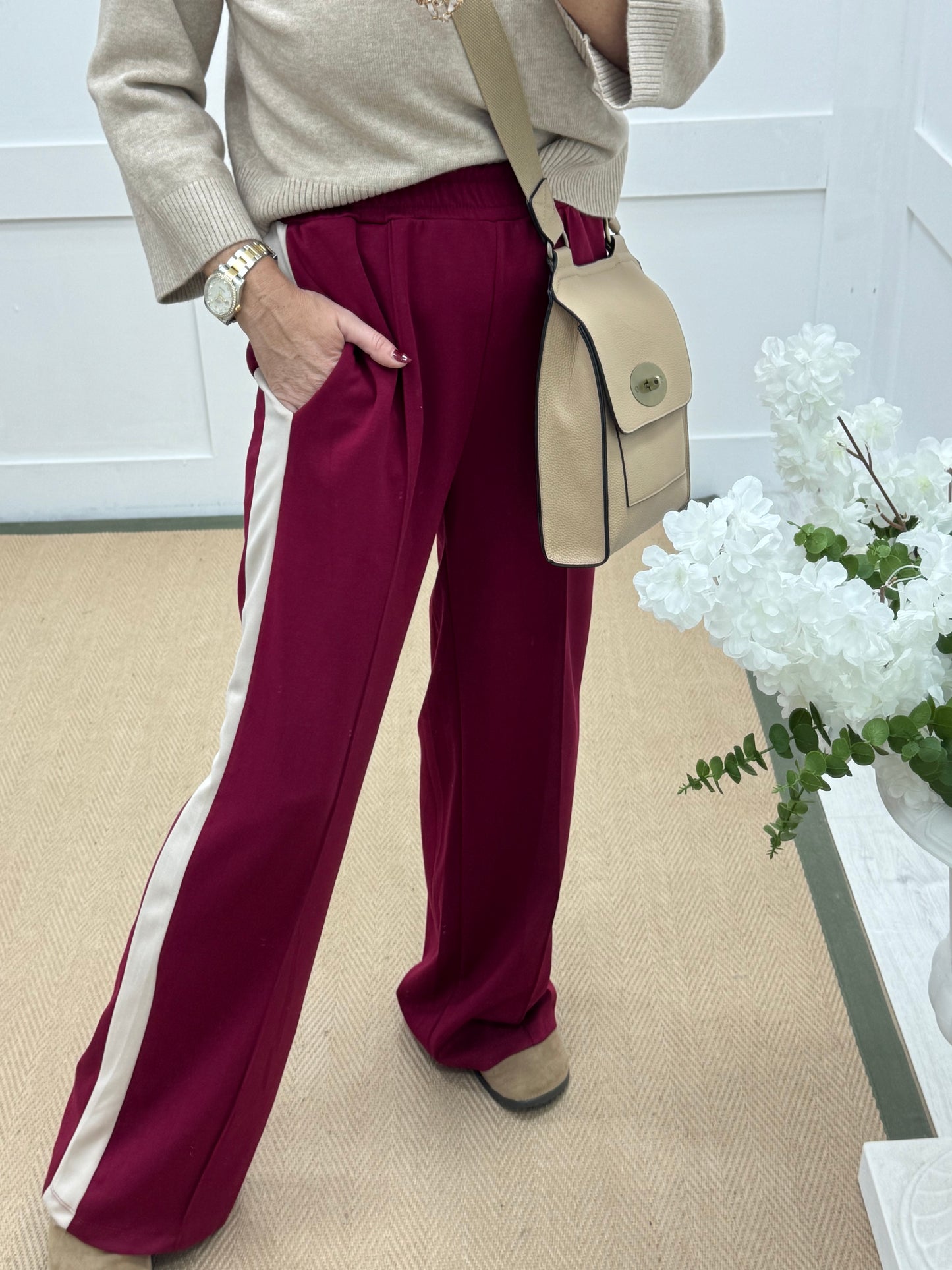 Savanna: Burgundy cream sport stripe stretchy wide leg pocket trousers. One size 10-16