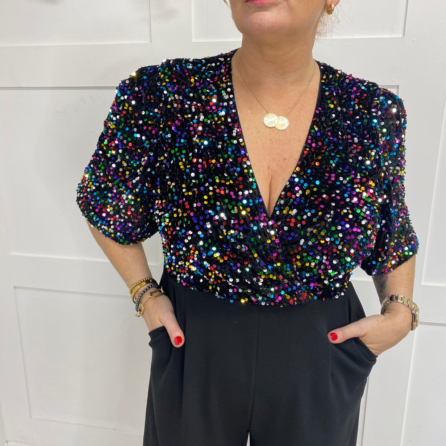 Delphine: Girl in Mind Multicoloured sequin wide leg jumpsuit. Sizes 8-18