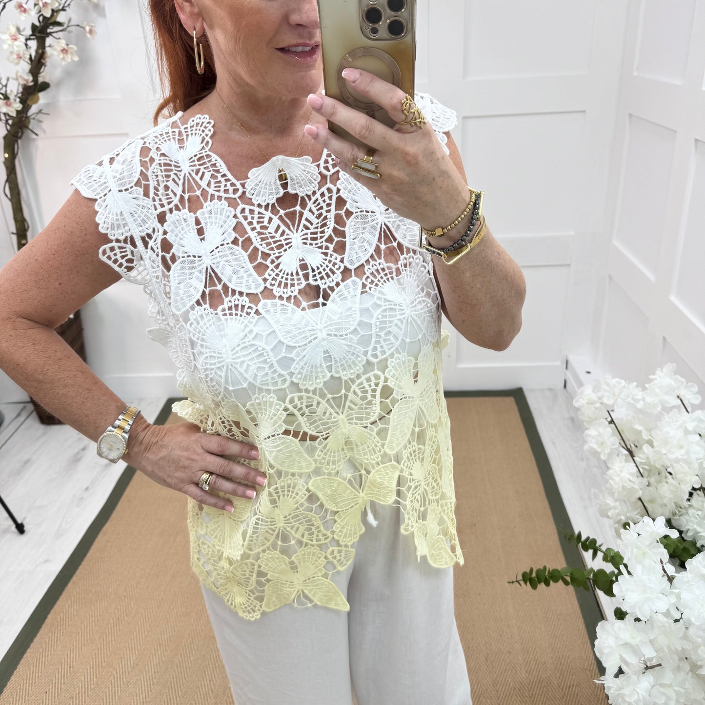 Nancy: White & lemon ombre lace top. One size: 14-18