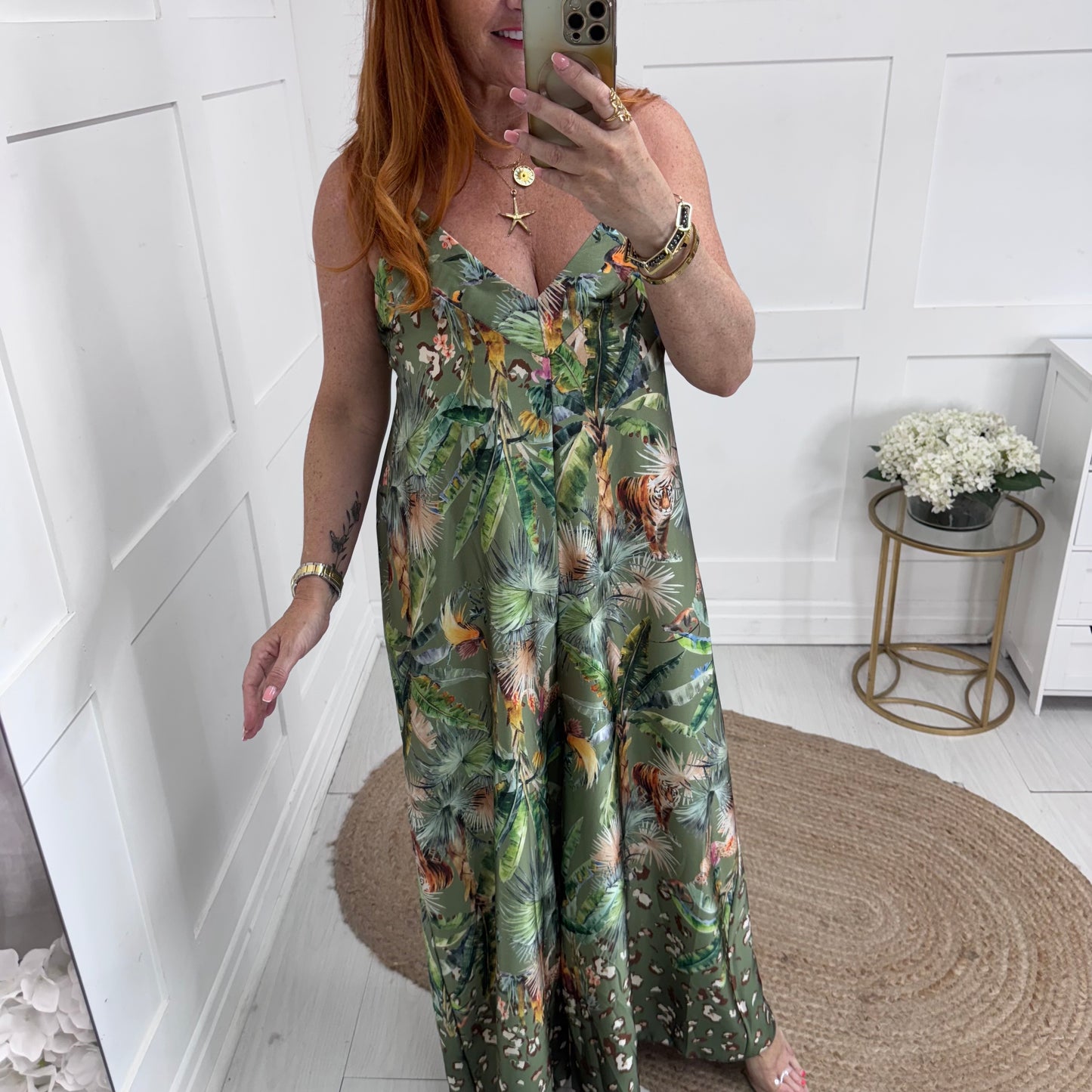 Hanna: Khaki jungle print wide leg jumpsuit. One size: 10-14