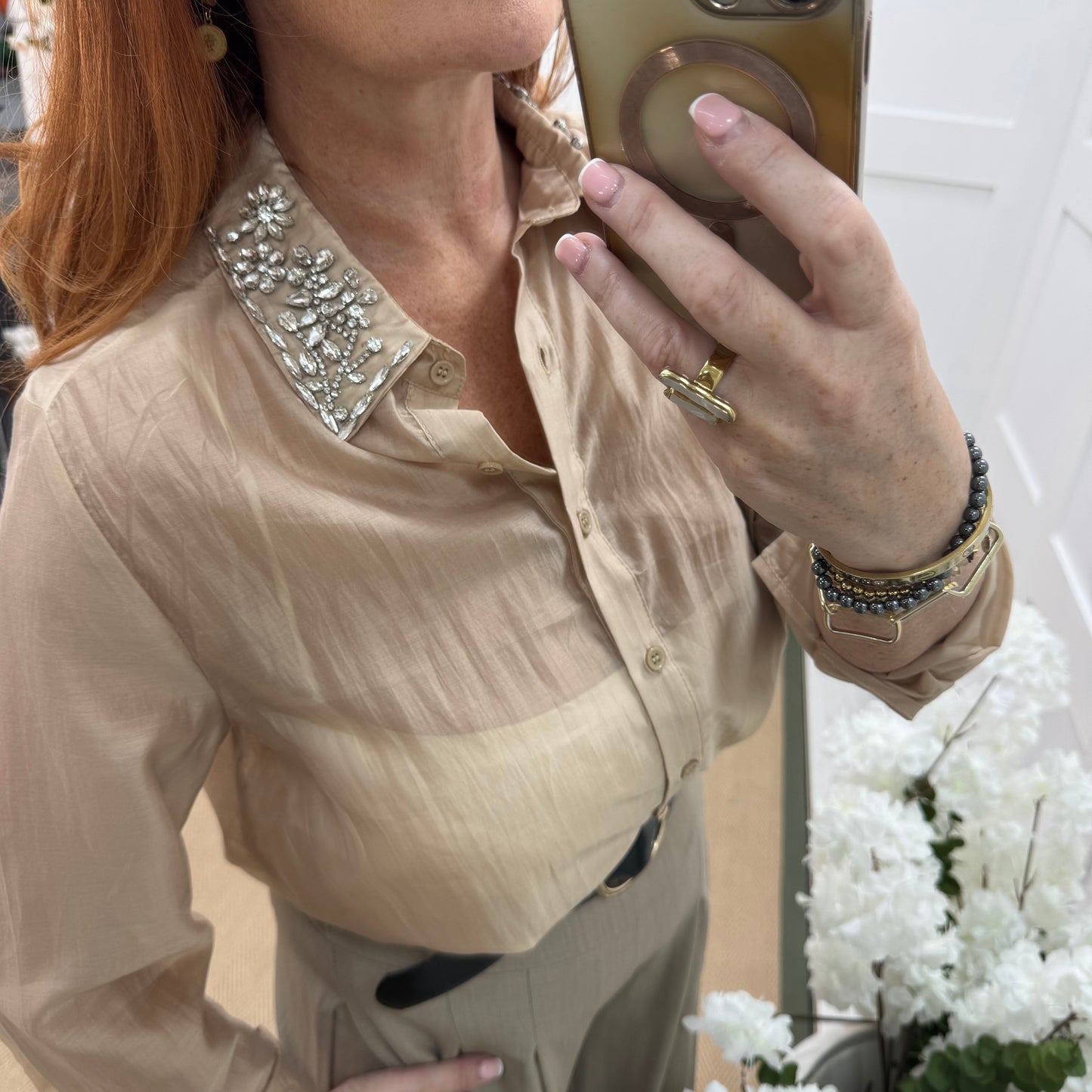 Azira: Gold rhinestone collar sheer shirt. One size: 10-16