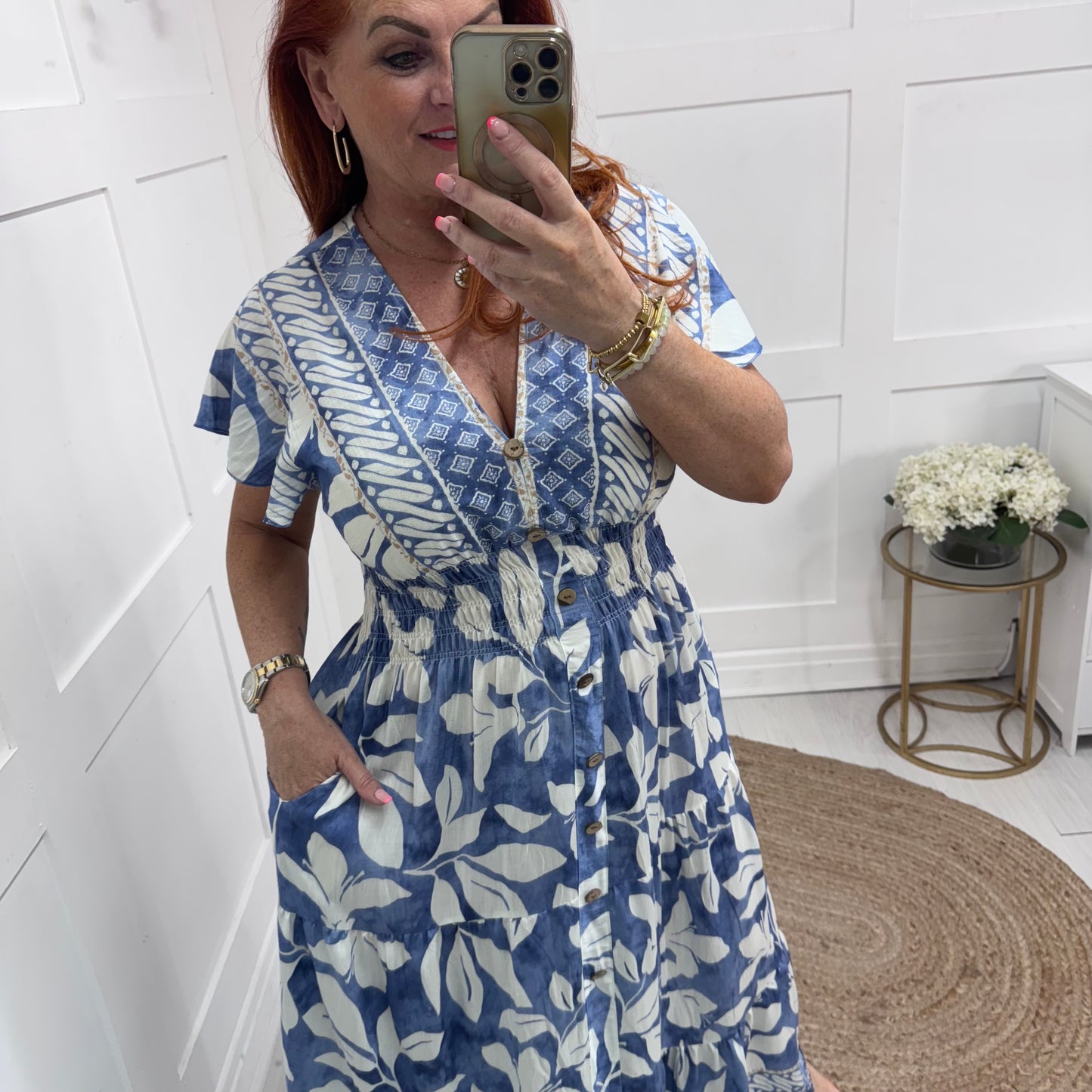Jazmin: Blue & ivory stretchy V neck maxi dress. One size: 10-20