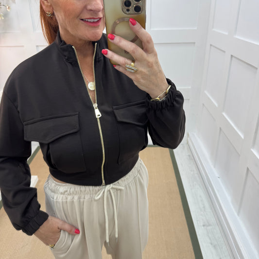 Bunty: Brown stretchy short bomber jacket. One size: 8-16