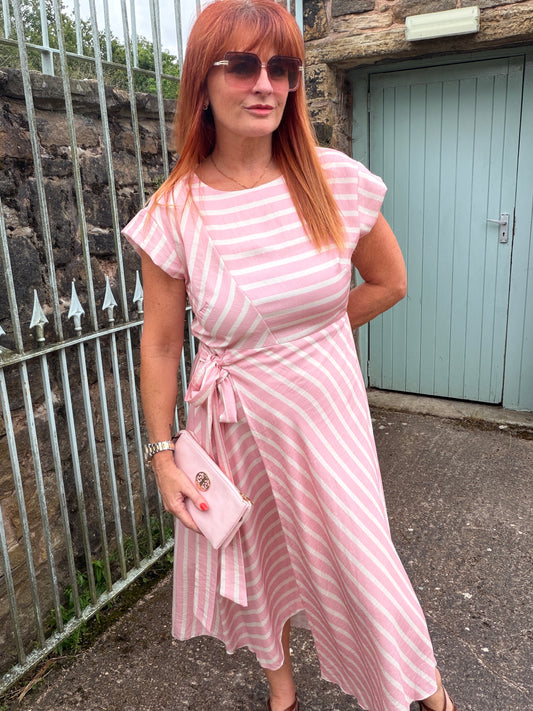 Roman: Wrap stripe midi dress. One size: 10-14. 2 colours