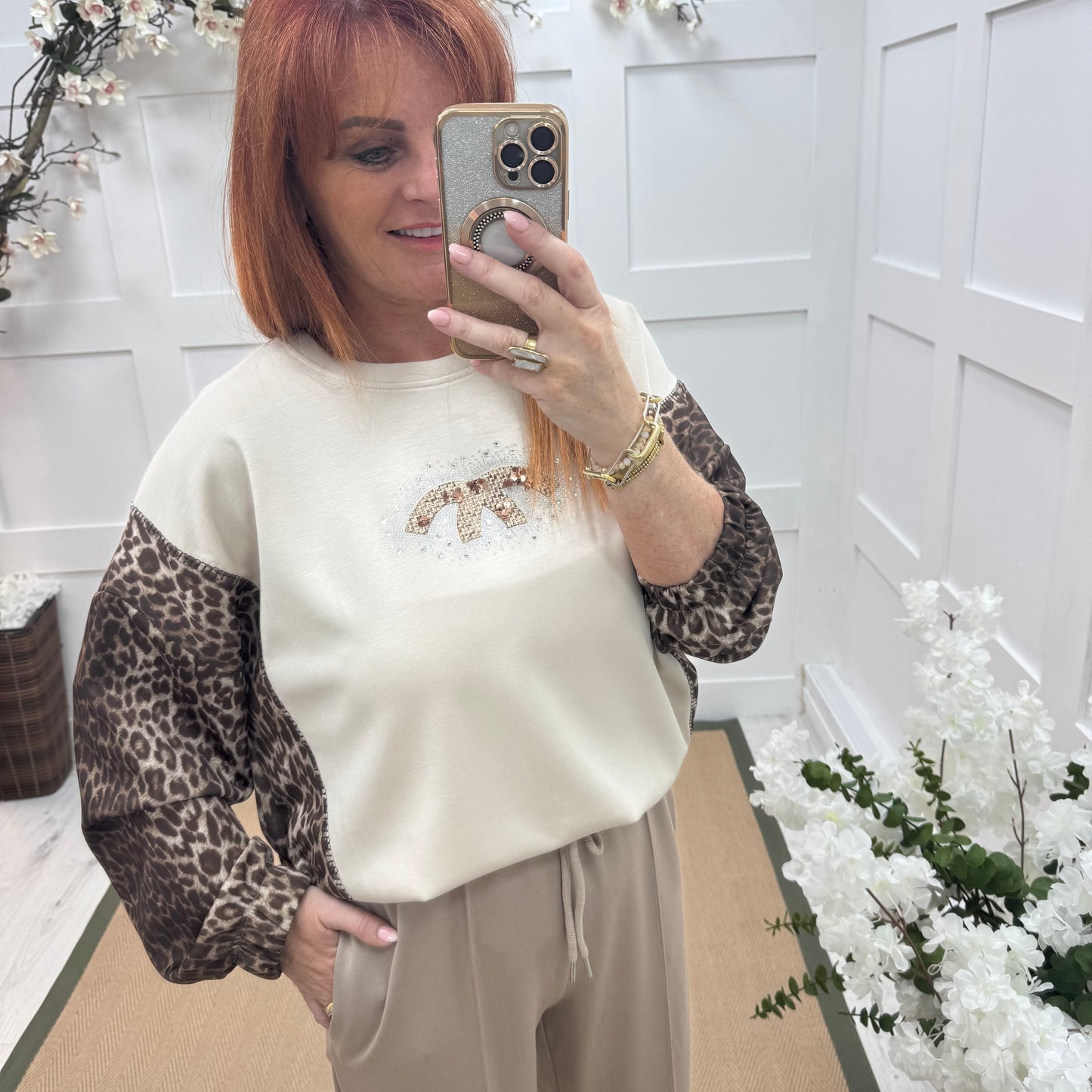 Maya: Cream leopard print diamanté logo sweatshirt. One size: 14-18