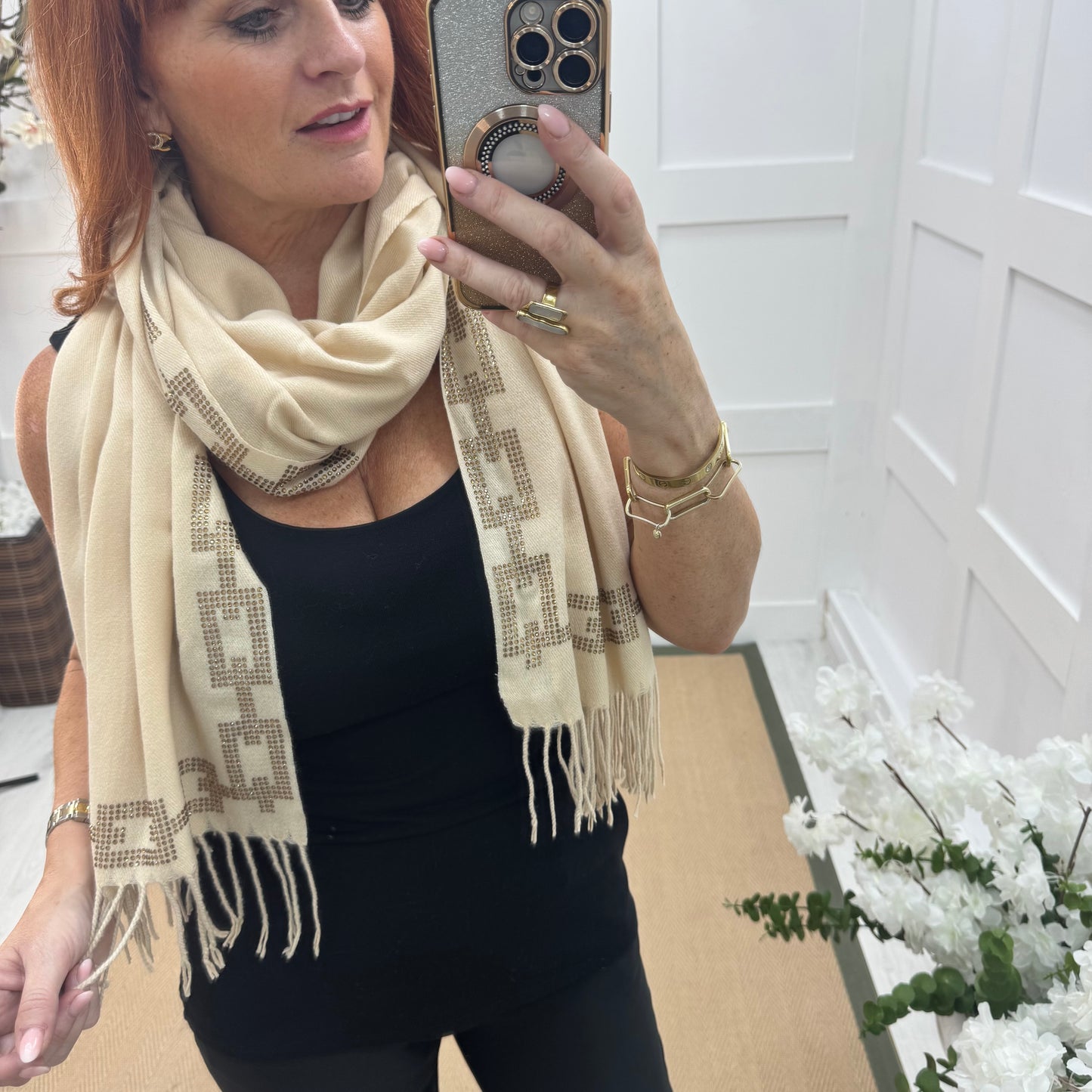 Cass: Cream diamanté designer inspired scarf