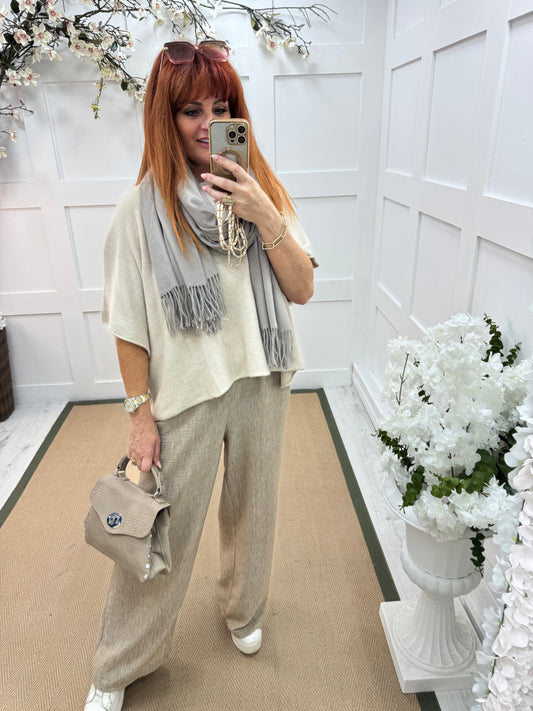 Indra: Plain taupe soft feel tassel scarf