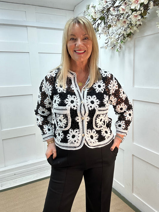 Katy: Black and white crochet cardigan top. One size: 12-16