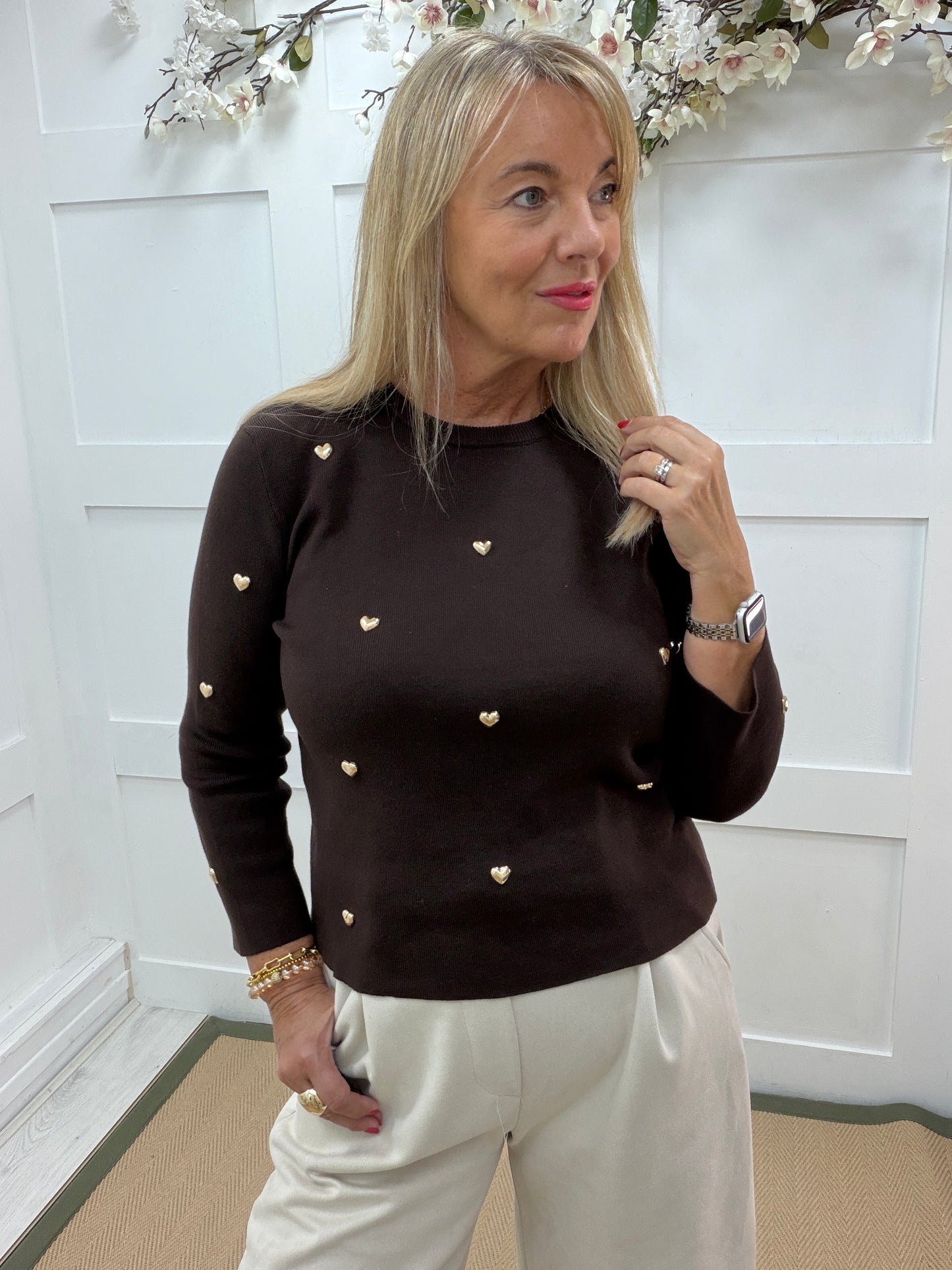 Eleanor: Gold heart detailed long sleeve top. One size: 10-16. 2 colours