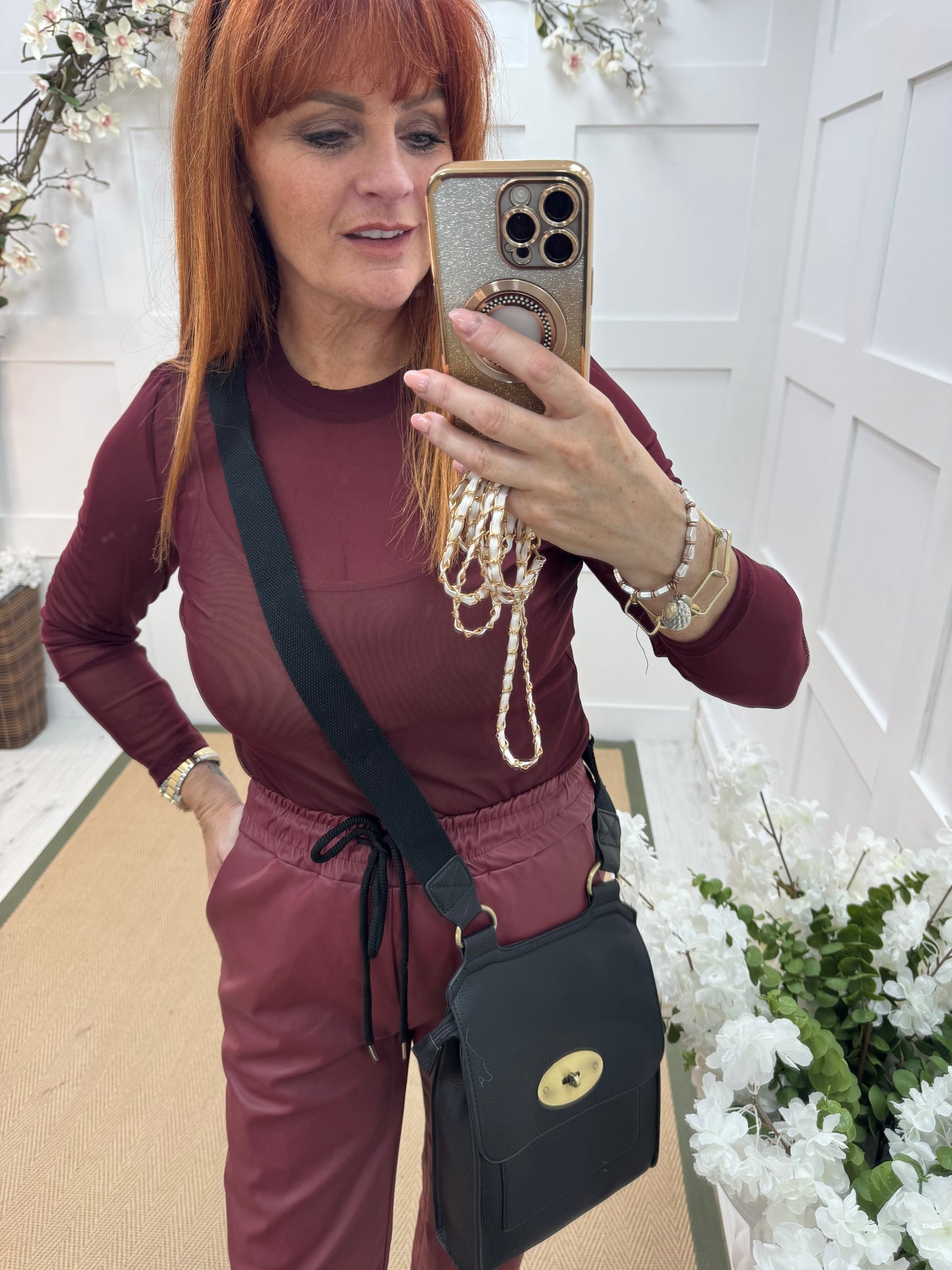 Romy: Burgundy sheer mesh top. One Sz: 12-18