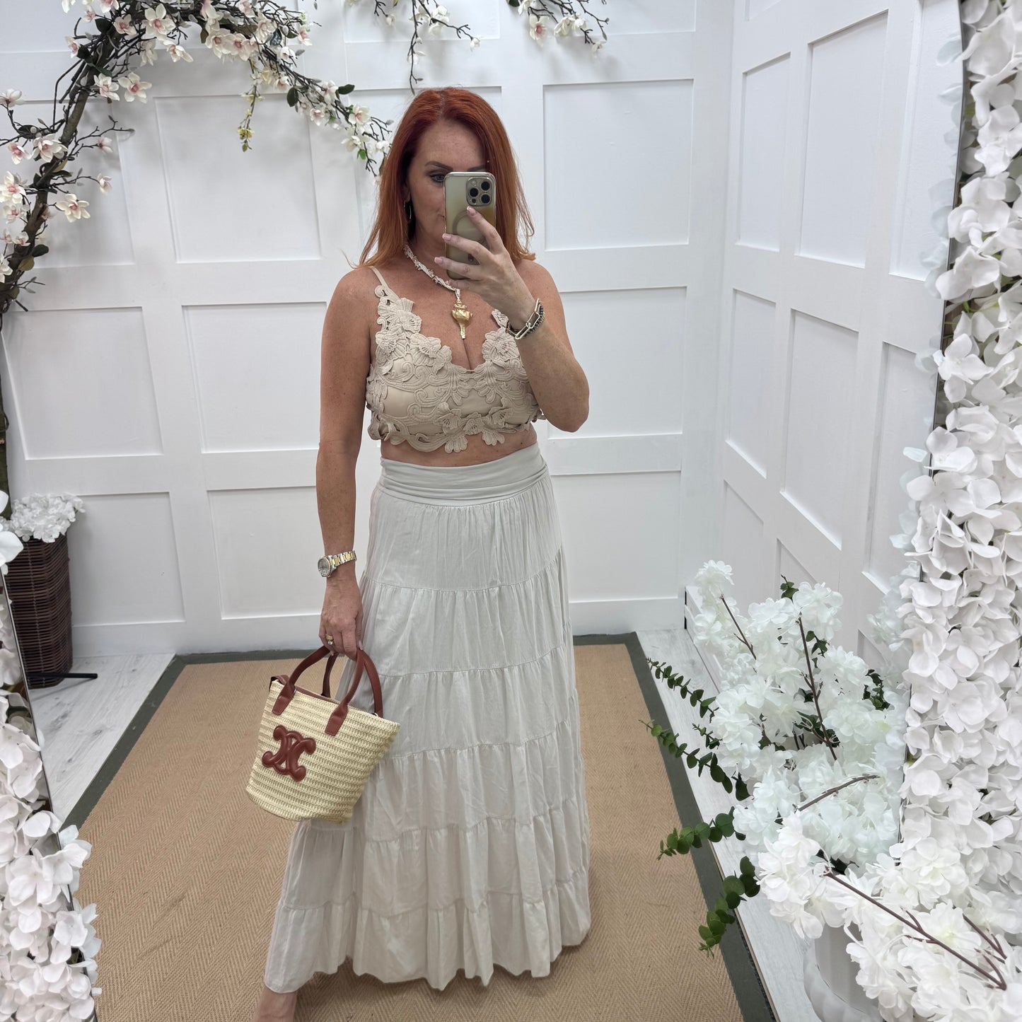 Pearl: Cream cotton tiered maxi skirt dress. One size: 10-16