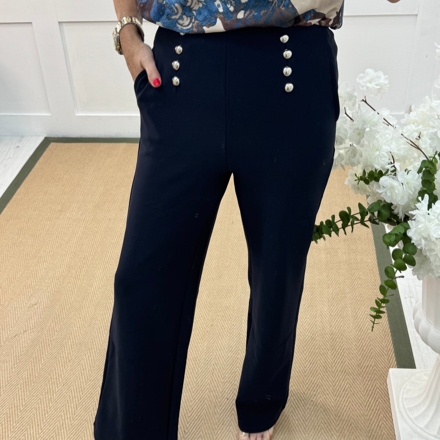 Paris: Navy stretchy gold button trousers. 4 sizes