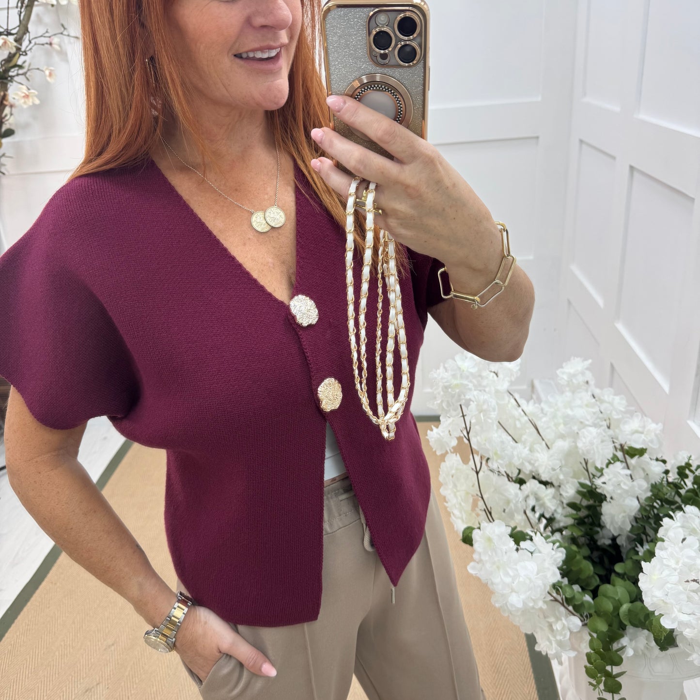 Sammi: Burgundy V neck gold button top. One size: 10-16