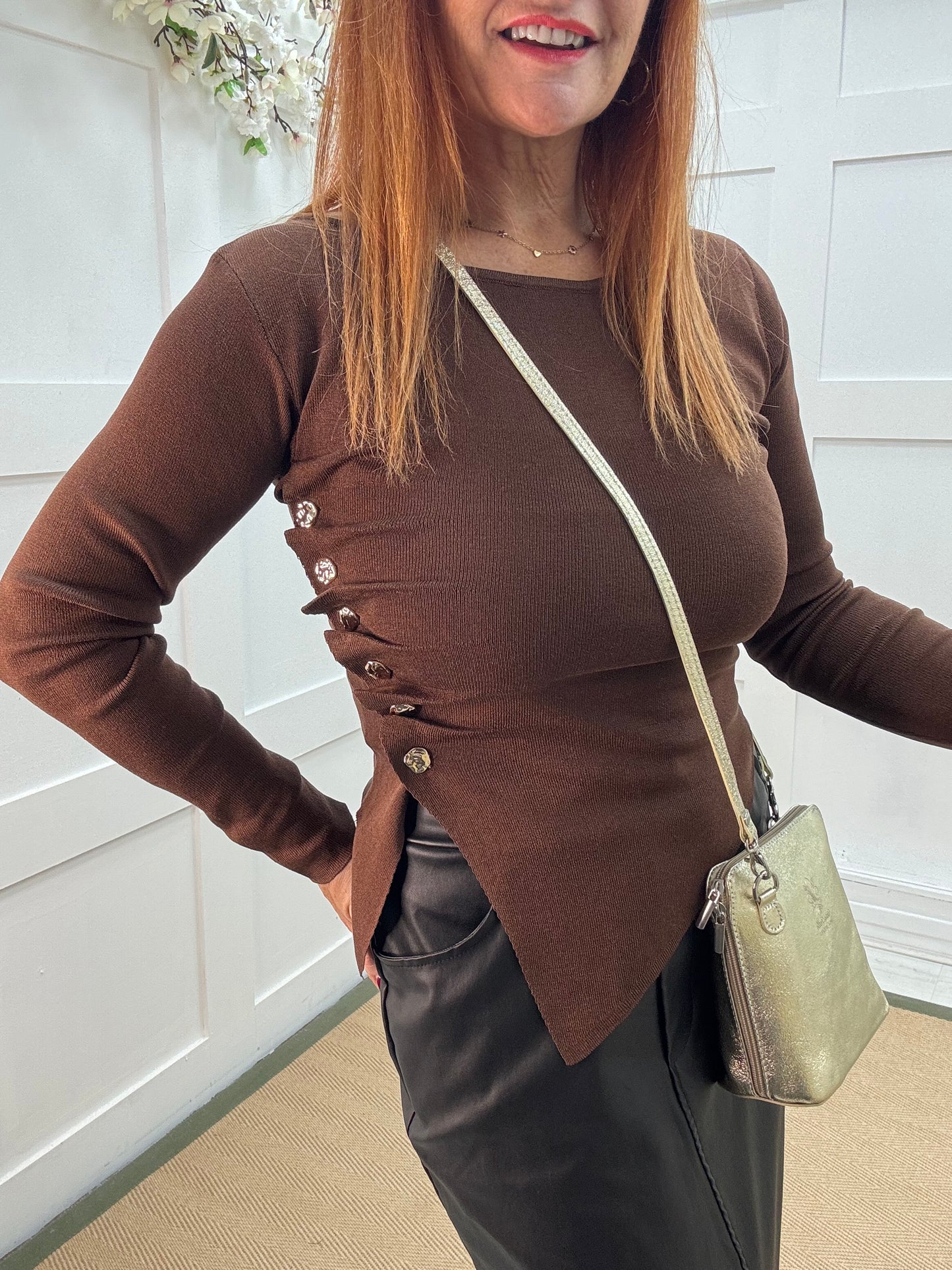 Audra: Brown ruched gold button top. 2 sizes