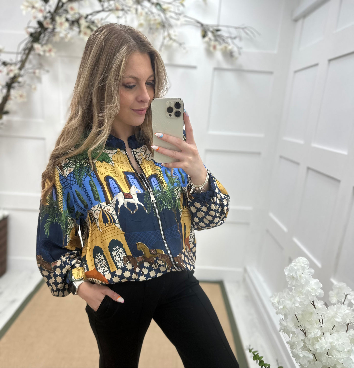 Indigo: Silky Indian inspired print bomber jacket. One size: 12-20