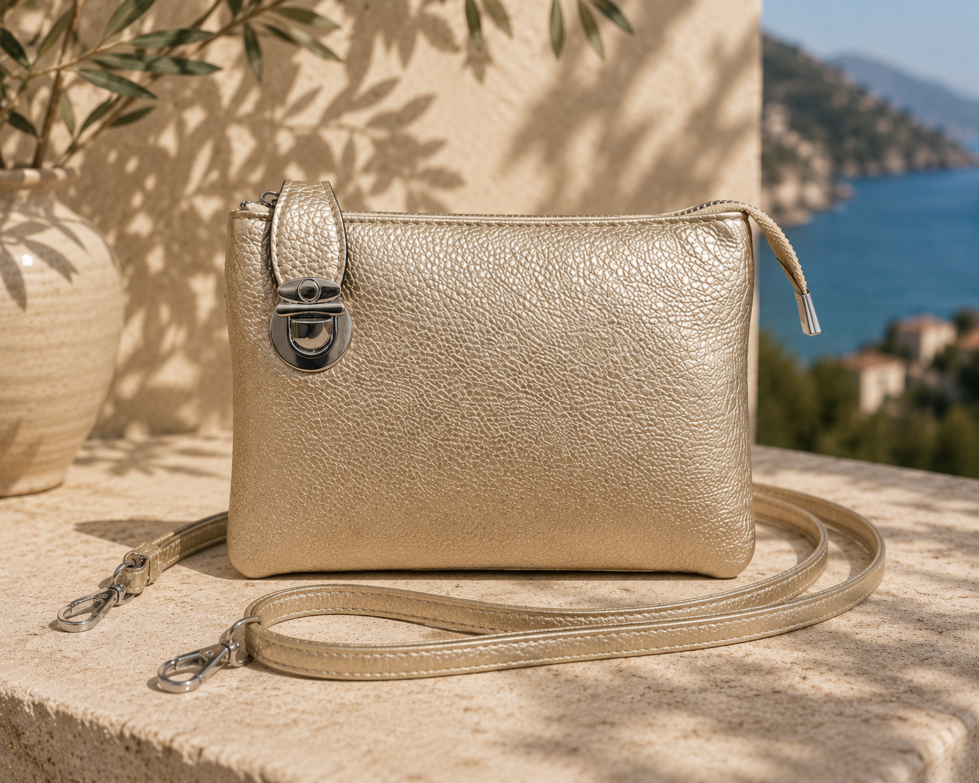 Britt 2: Three pocket crossbody bag with thin strap.