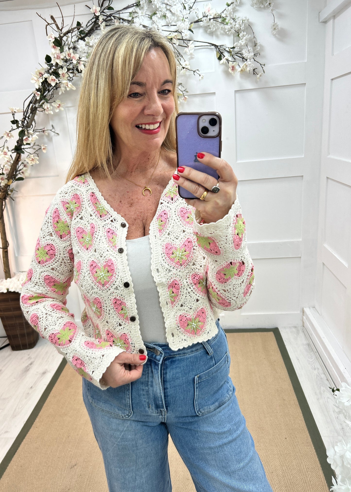 Gracie: Pink and cream heart crochet cardigan top. 2 sizes.