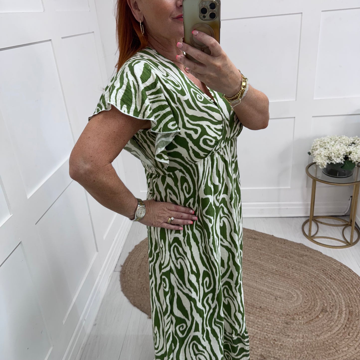 Ember: Green & cream V neck maxi dress. Sizes: S-XL
