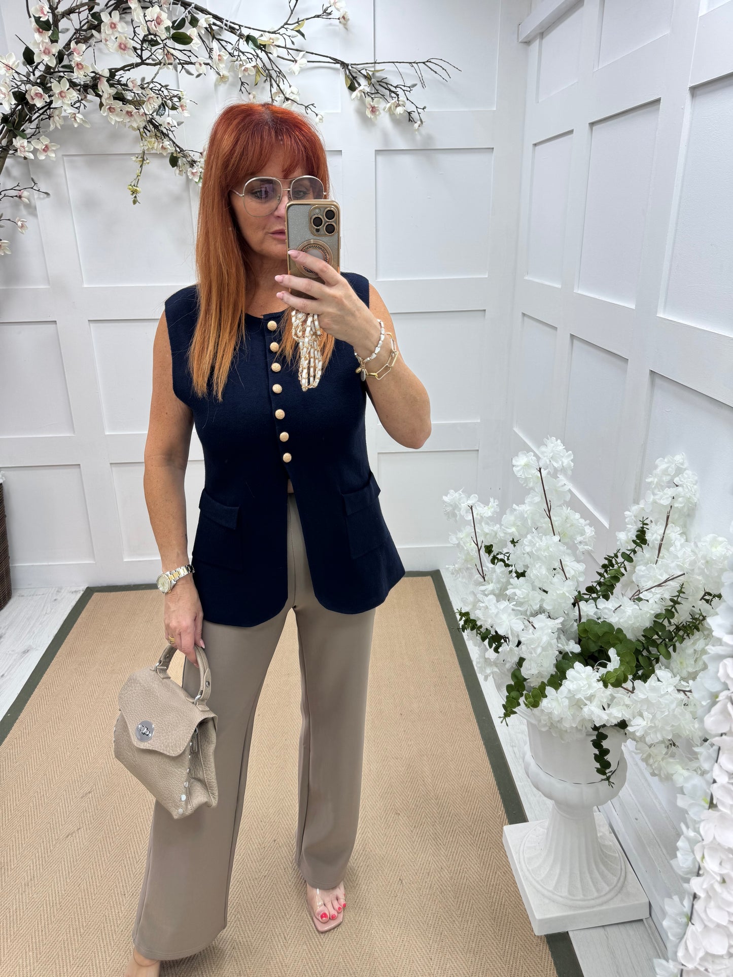 Paris: Taupe stretchy silver button trousers. 4 sizes