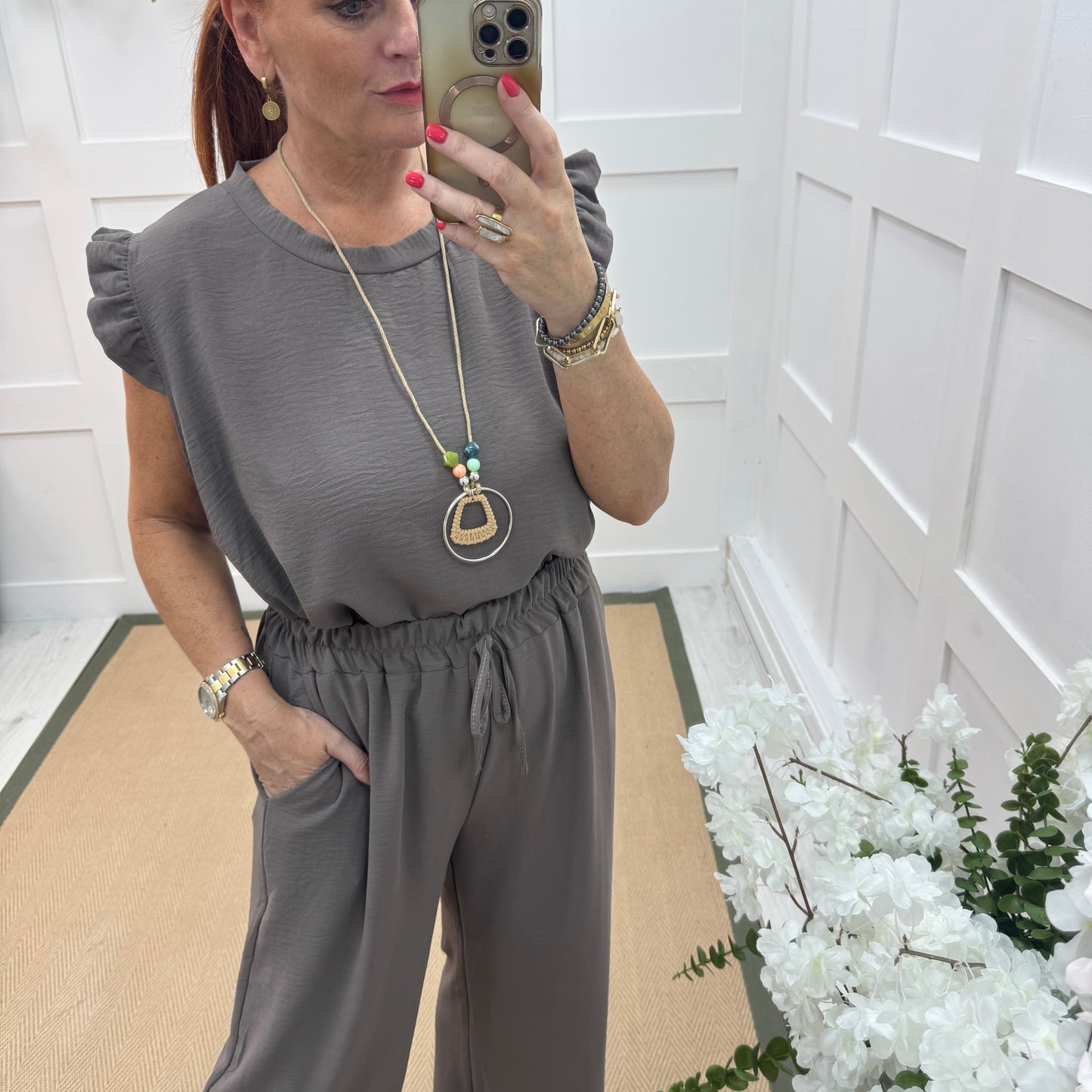 Ember: Taupe frill sleeve top & pendant. One size: 14-20
