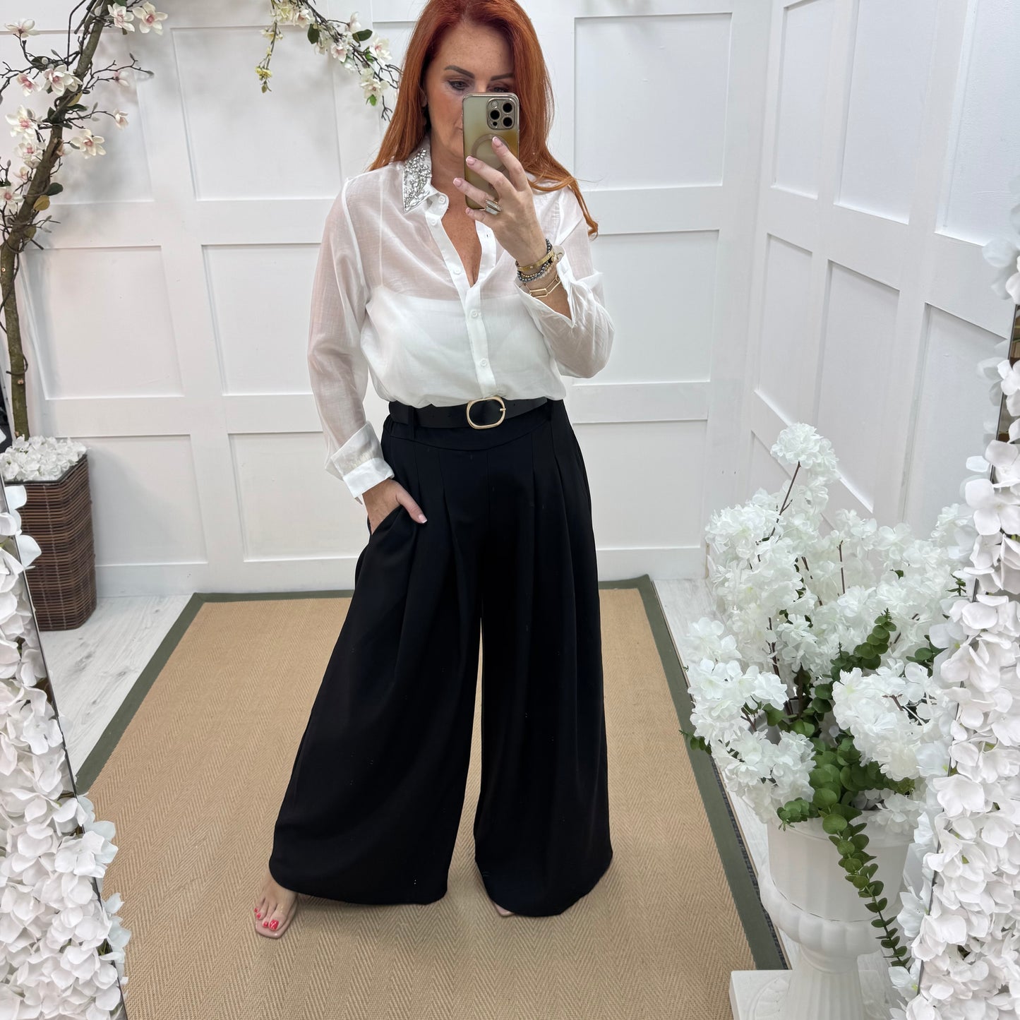 Azira: White rhinestone collar sheer shirt. One size: 10-16