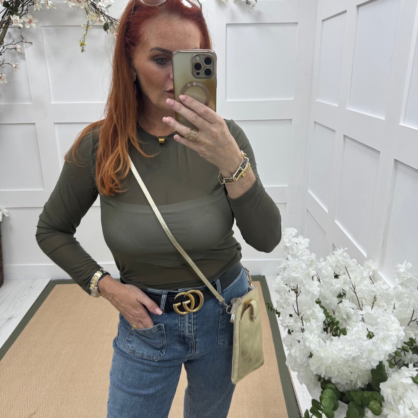 Romy: Khaki sheer mesh top. One Sz: 12-18