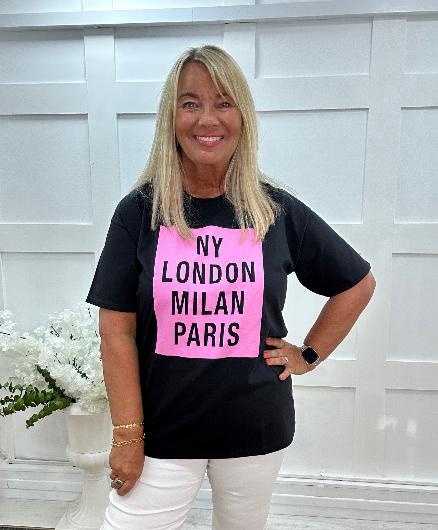 Lisa: Black London New York Paris T shirt. 3 sizes