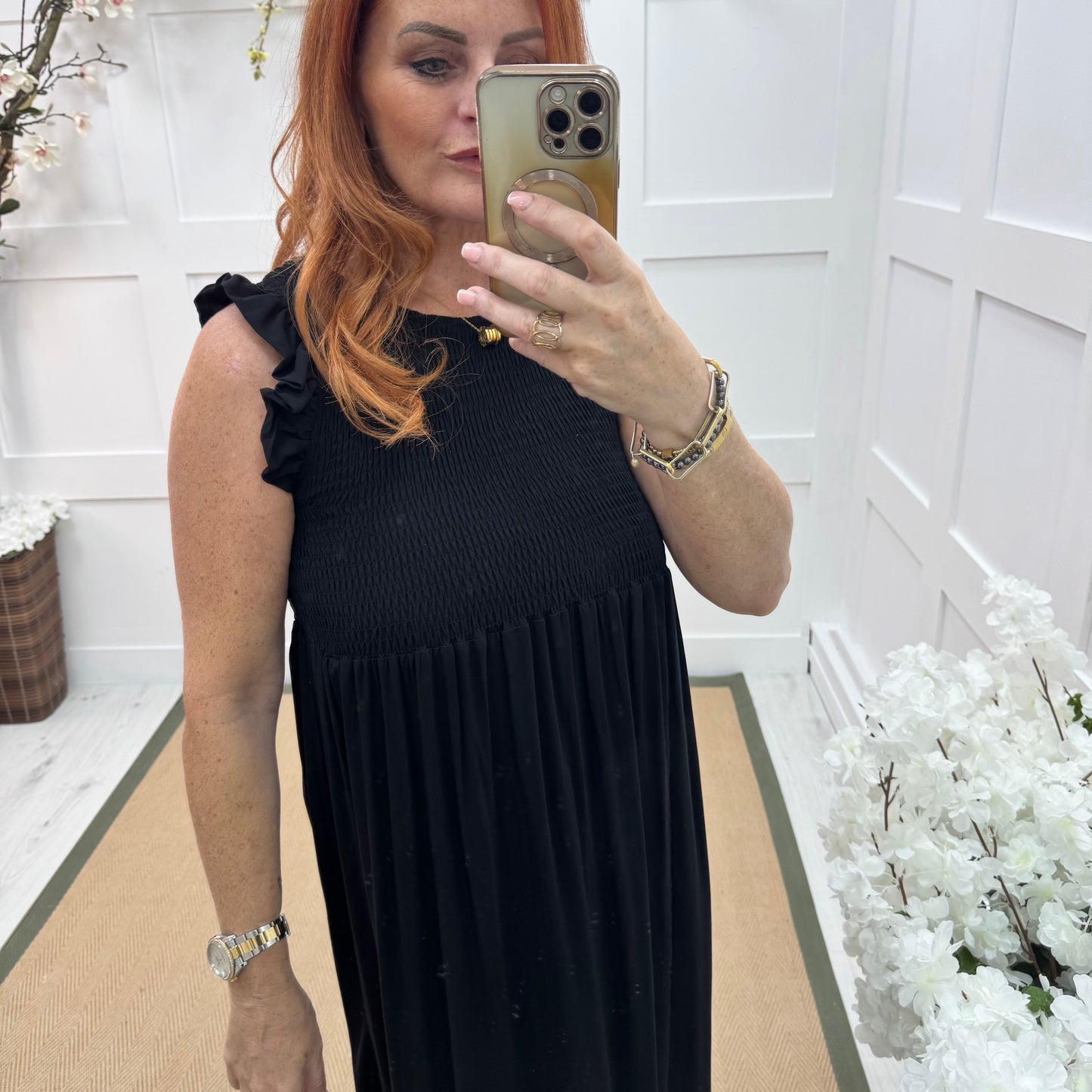 Jazz: Black shirred maxi dress. One size 10-18