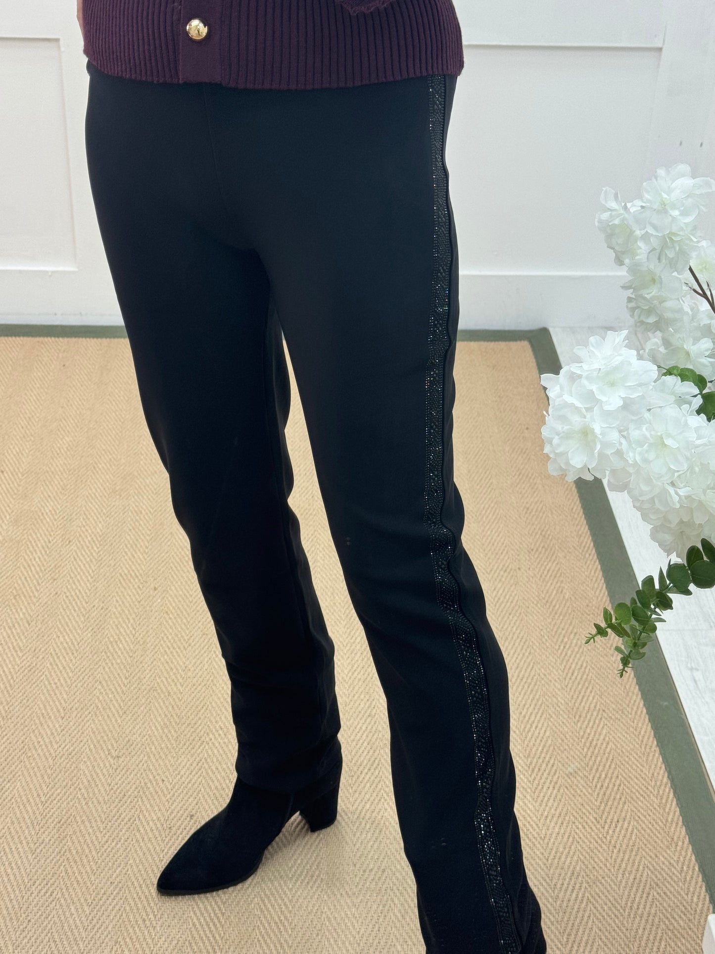 Sienna: Black stretchy diamanté stripe trousers. 5 sizes