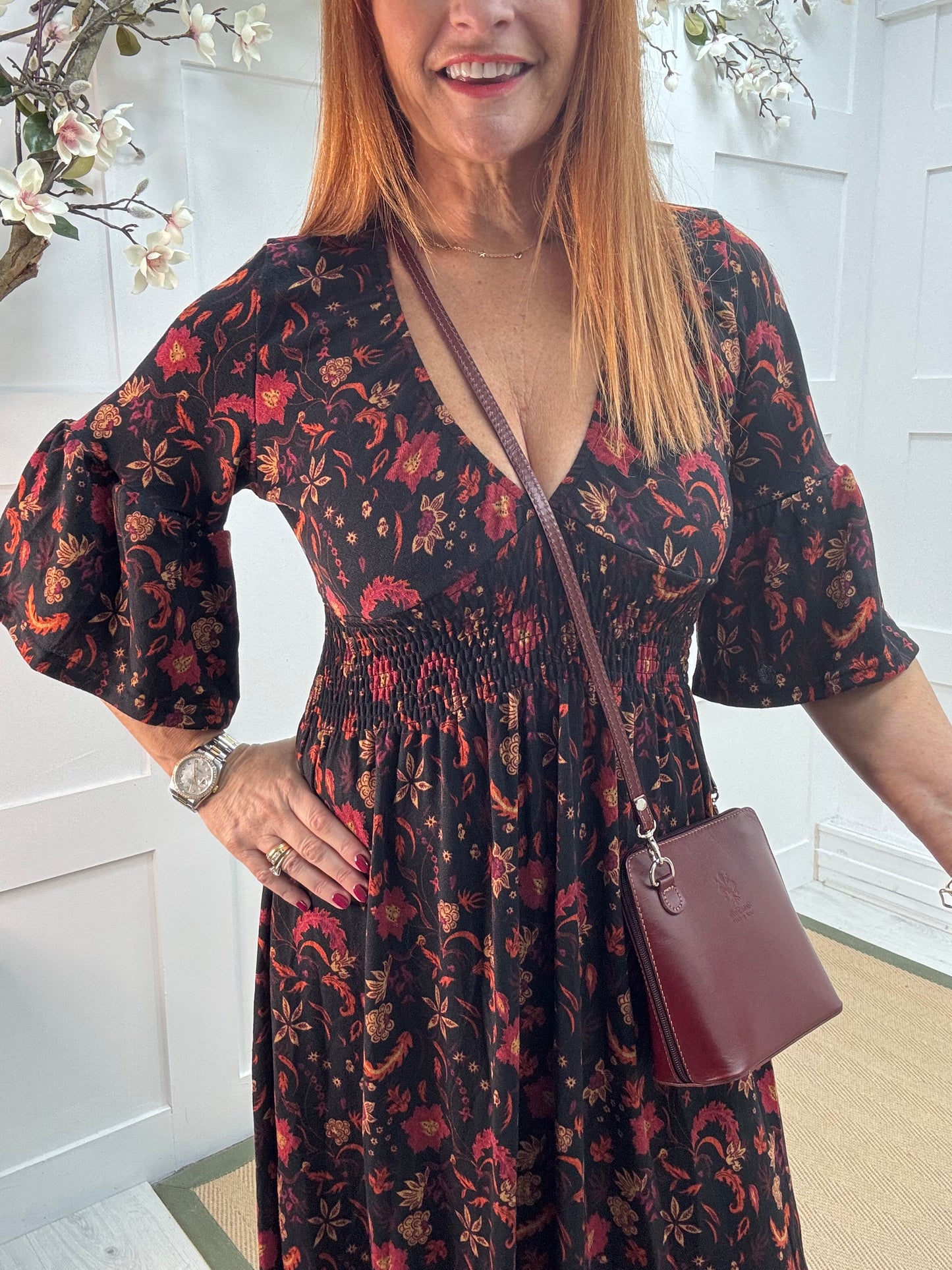 Katia: Black & burgundy floral midi dress. 3 sizes