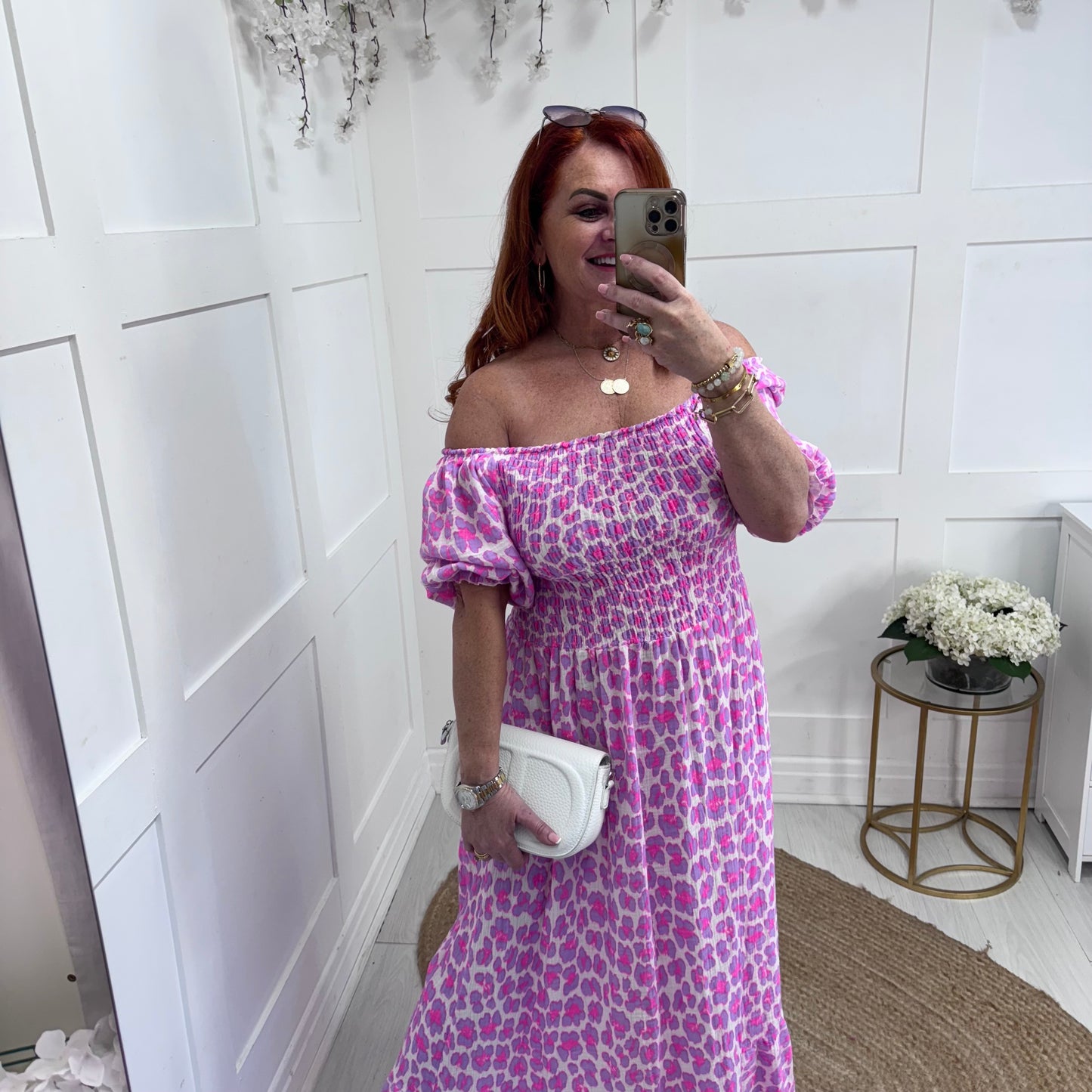 Cici: Lilac & pink leopard print stretchy maxi dress. One size: 10-22