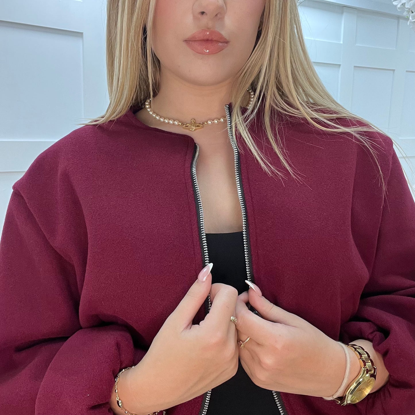 Jamiee: Burgundy soft feel bomber jacket. One size: 8-16