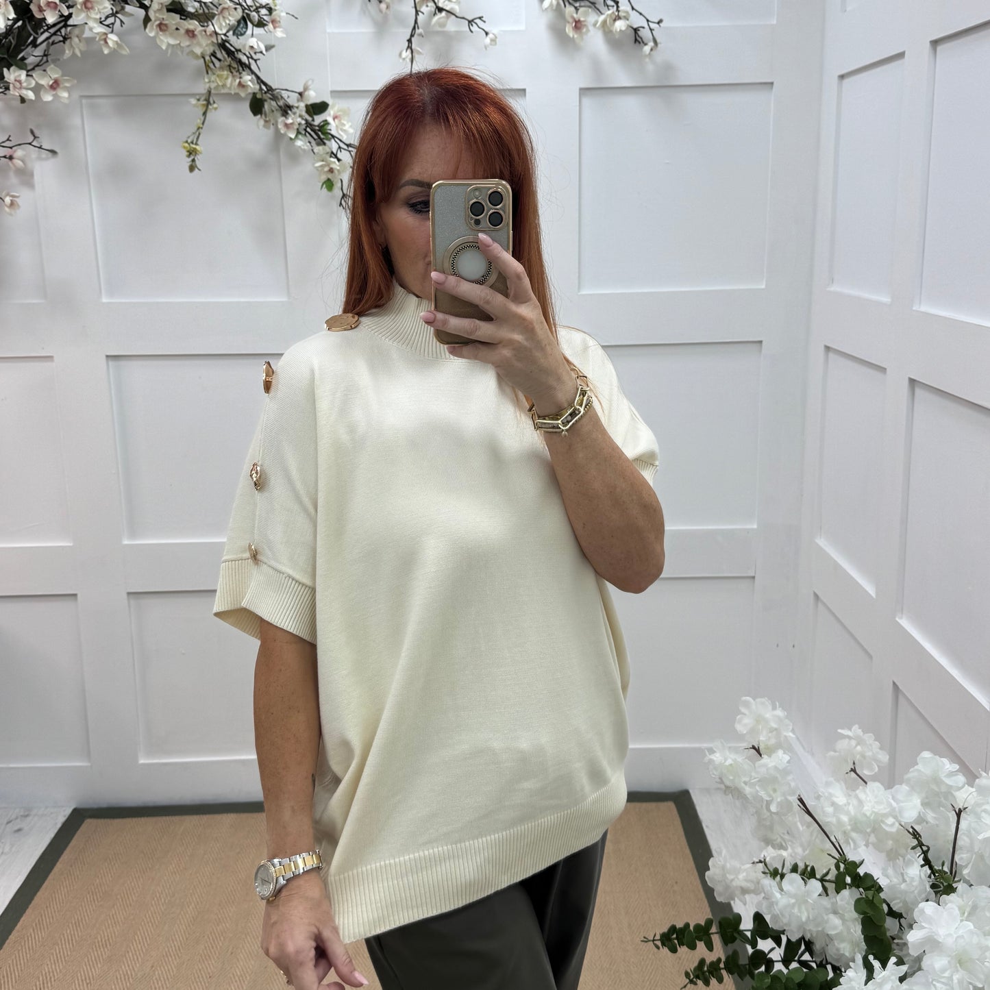 Camille: Cream short sleeve gold button top. One Size 12-20