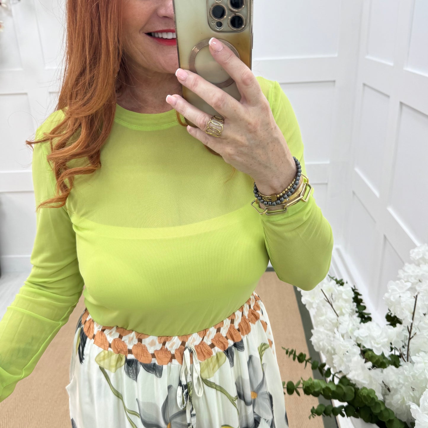 Romy: Lime sheer mesh top. One Sz: 12-18