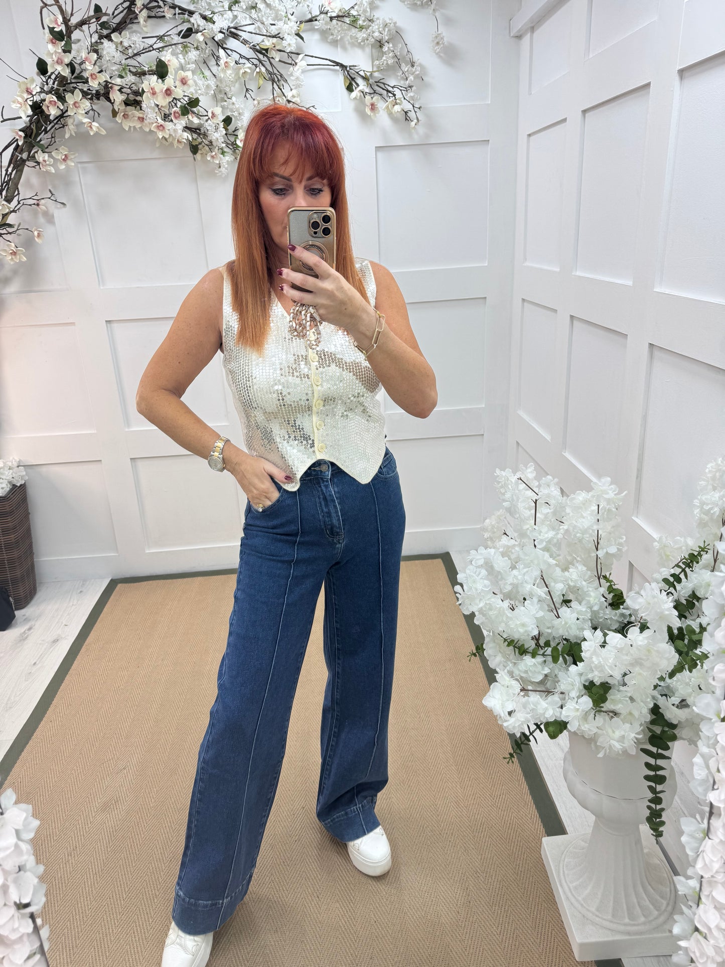 Benita: Blue high waist wide leg jeans. Sizes: 6-14