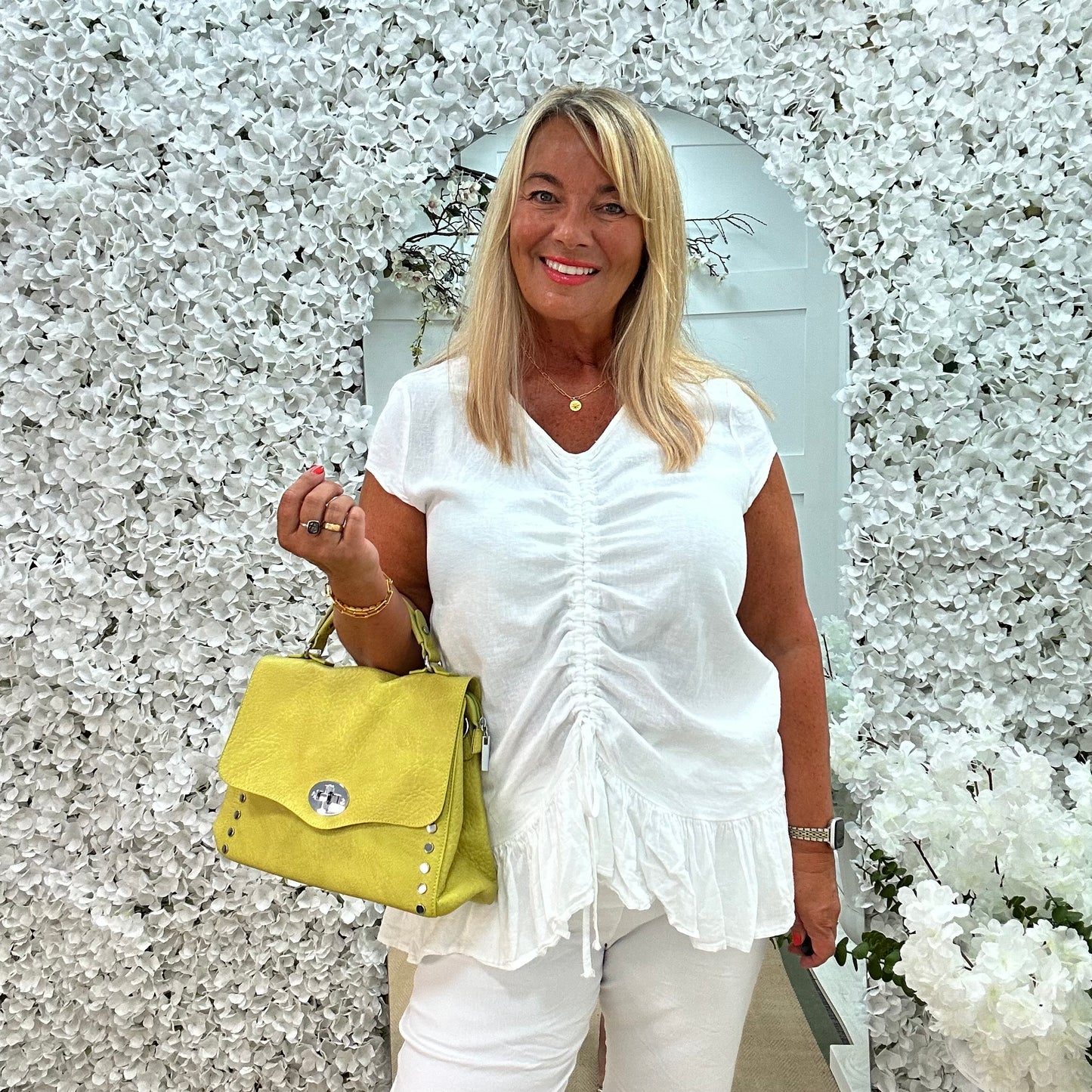 Miranda: White linen ruched pull vest top. One size: 14-20