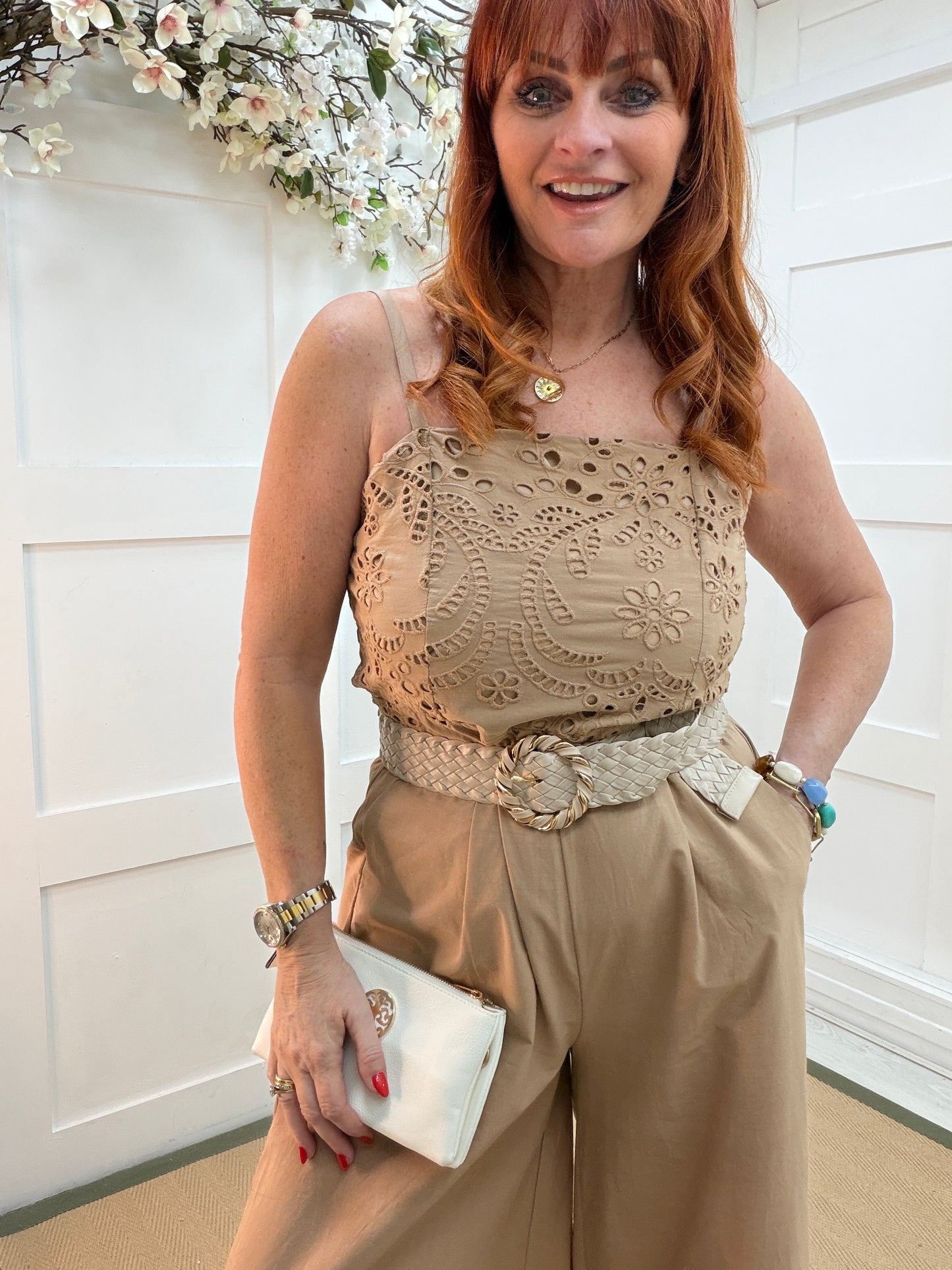 Allegra: Camel Broderie Anglaise wide leg jumpsuit. 2 sizes