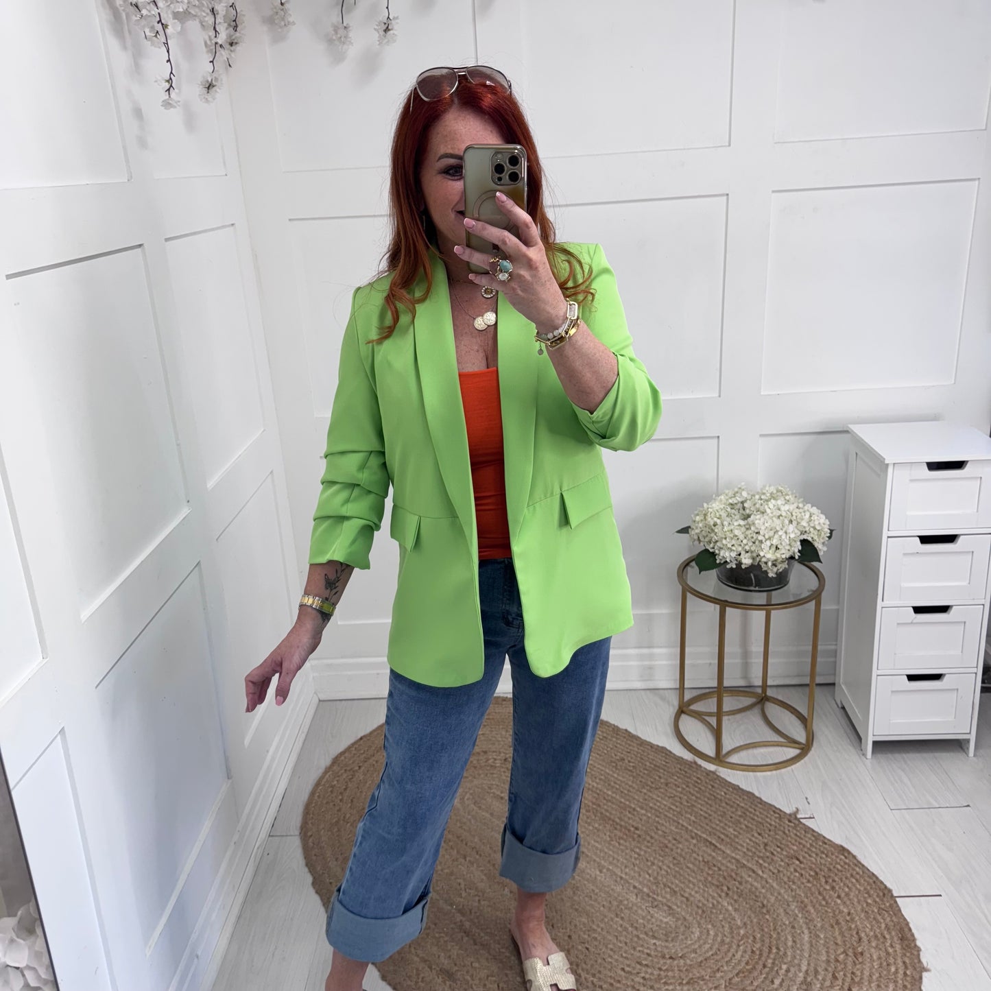 Jody: Lime ruched sleeve blazer. Sizes 10-18