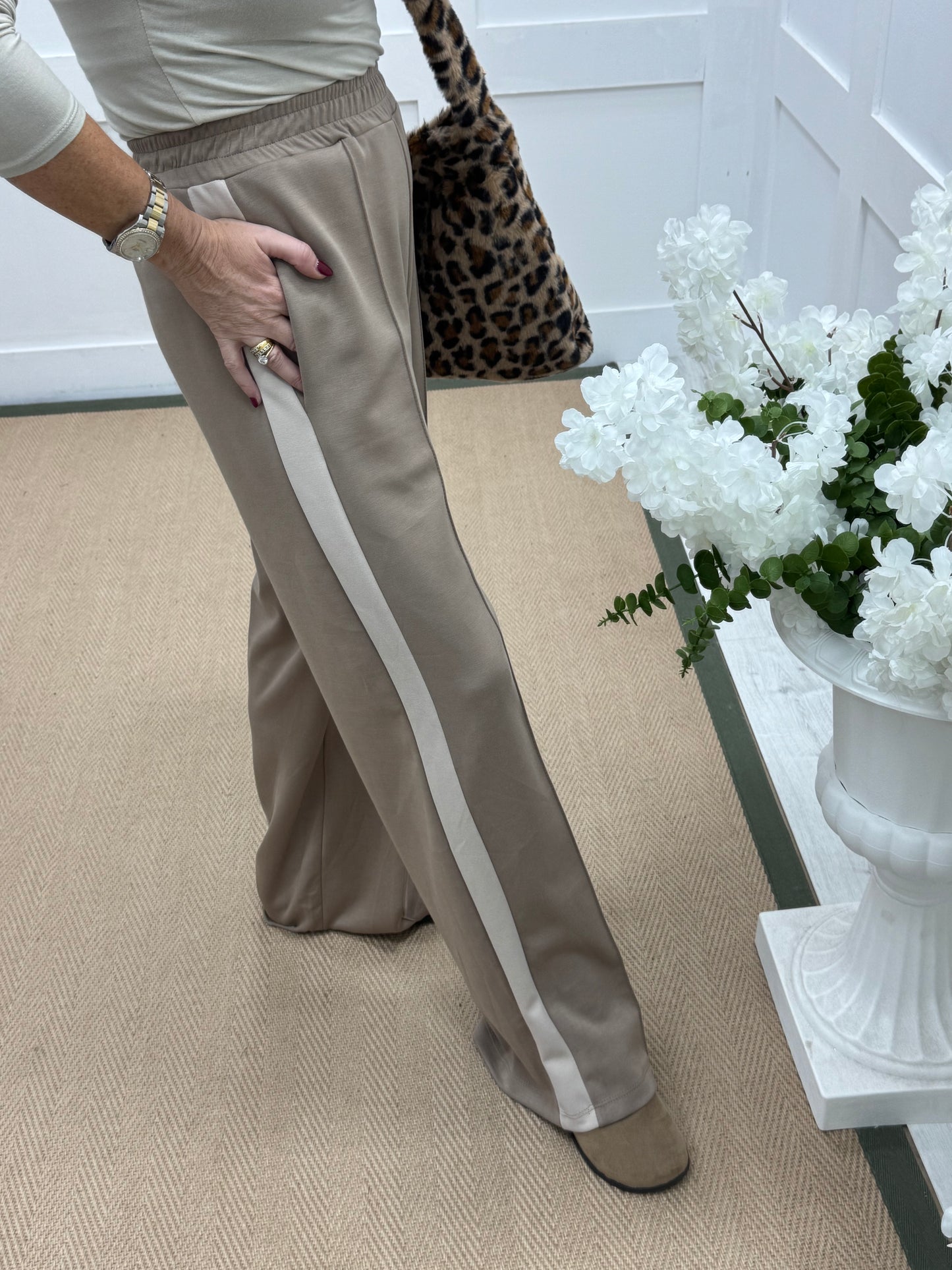 Savanna: Mocha cream sport stripe stretchy wide leg pocket trousers. One size 10-16