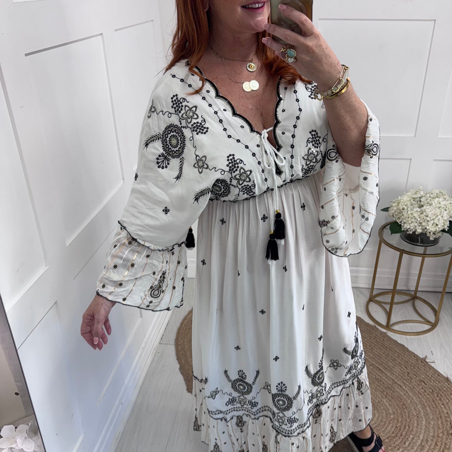 Carlie: White & black bohemian maxi dress. One size: 12-18
