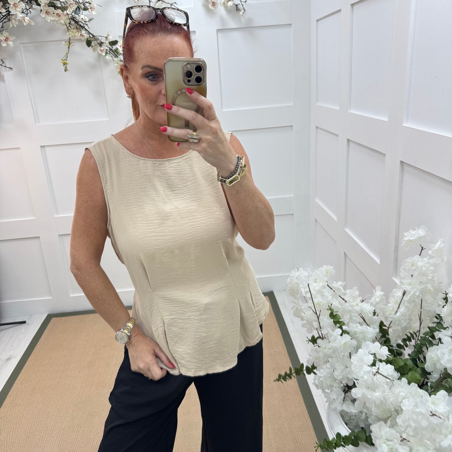 Maisie: Cream tie waist peplum top. One size: 14-18