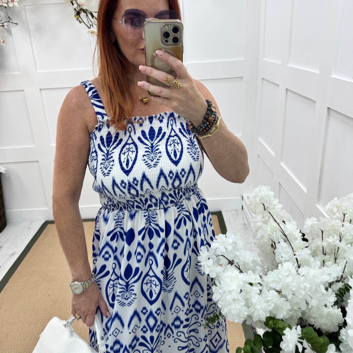 Tiffany: Royal blue & white shirred maxi dress. One size: 8-16
