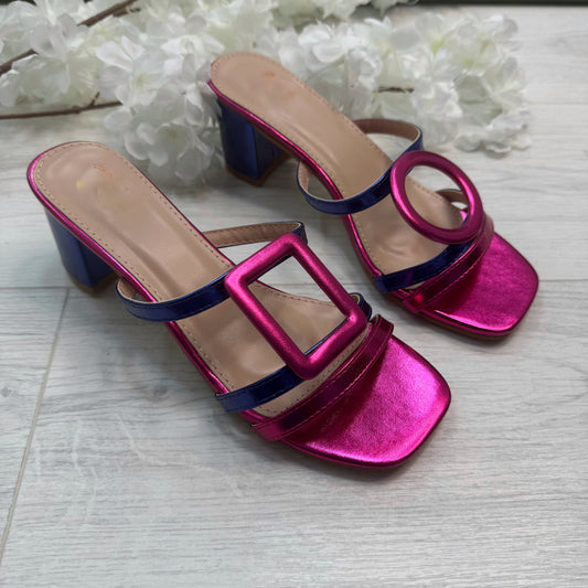 Rosa: Metallic pink & blue large buckle sandals. Sizes: 3-8