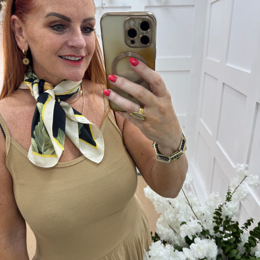 Lara: Black & Orange flower print silky neck scarf